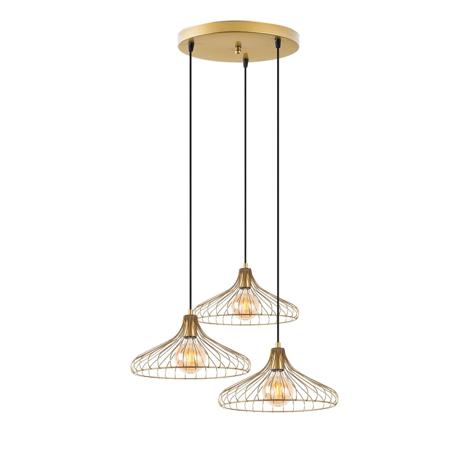 Candeeiro de Teto Dourado Elegante, Corpo em Metal, 65 x 64 x 120 cm | Altura Ajustável, 3 Soquetes E27, Design Moderno e Glamouroso | Perfeito para Salas de Estar e Jantar