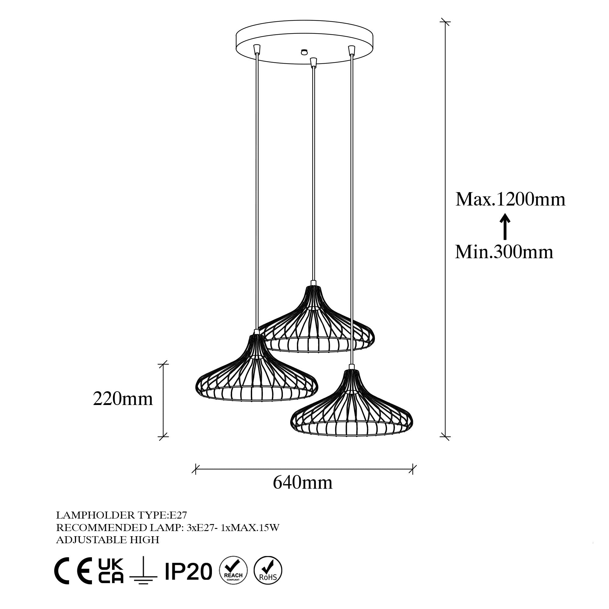 Candeeiro de Teto Dourado Elegante, Corpo em Metal, 65 x 64 x 120 cm | Altura Ajustável, 3 Soquetes E27, Design Moderno e Glamouroso | Perfeito para Salas de Estar e Jantar