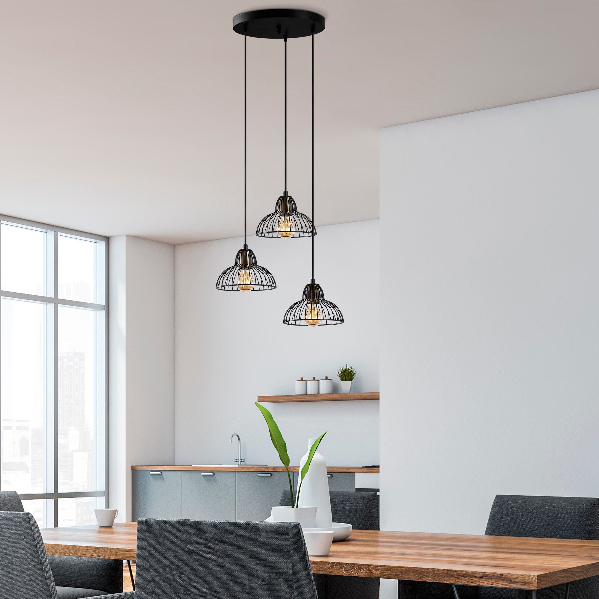 Candeeiro de Teto Industrial, Acabamento Preto e Antigo, 44 x 44 x 114 cm | Corpo em Metal, Altura Ajustável, 3 Soquetes E27 | Design Moderno e Inovador para Casa e Escritório