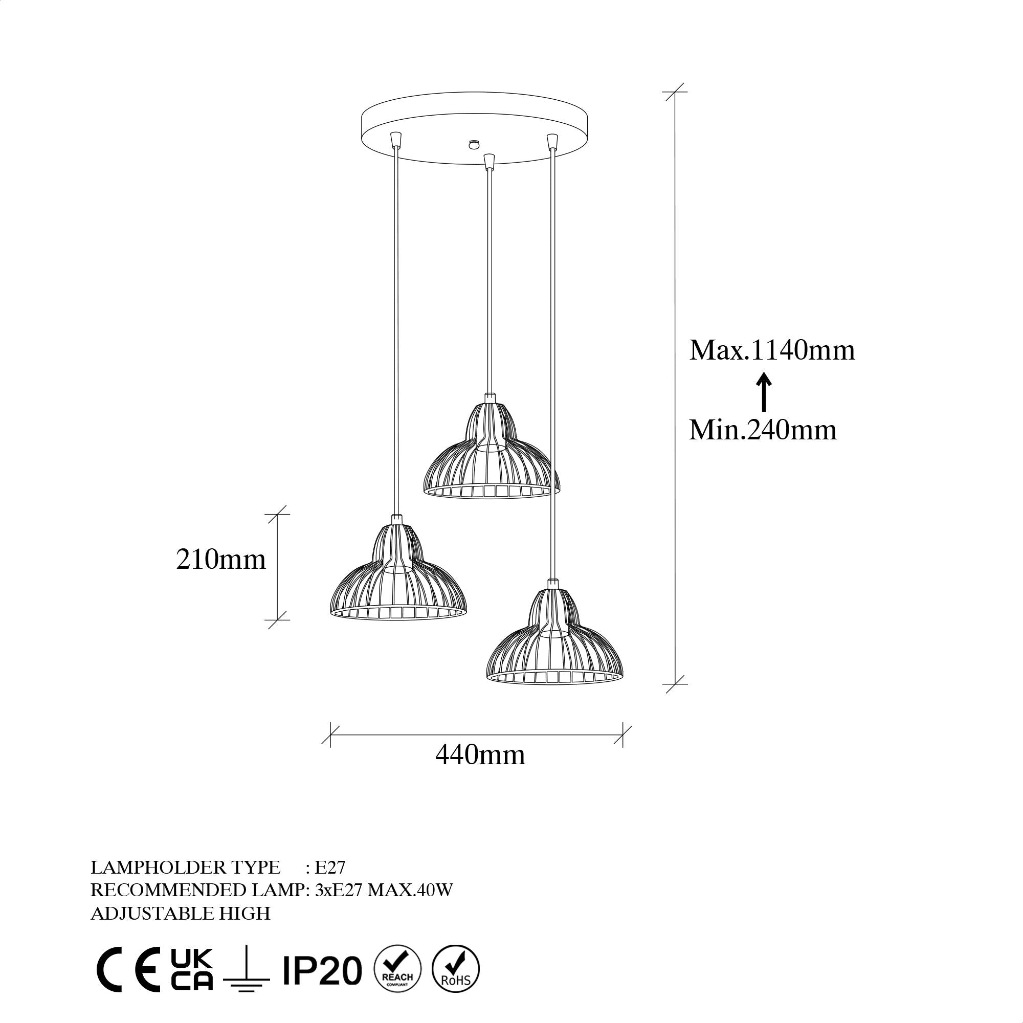 Candeeiro de Teto Industrial, Acabamento Preto e Antigo, 44 x 44 x 114 cm | Corpo em Metal, Altura Ajustável, 3 Soquetes E27 | Design Moderno e Inovador para Casa e Escritório