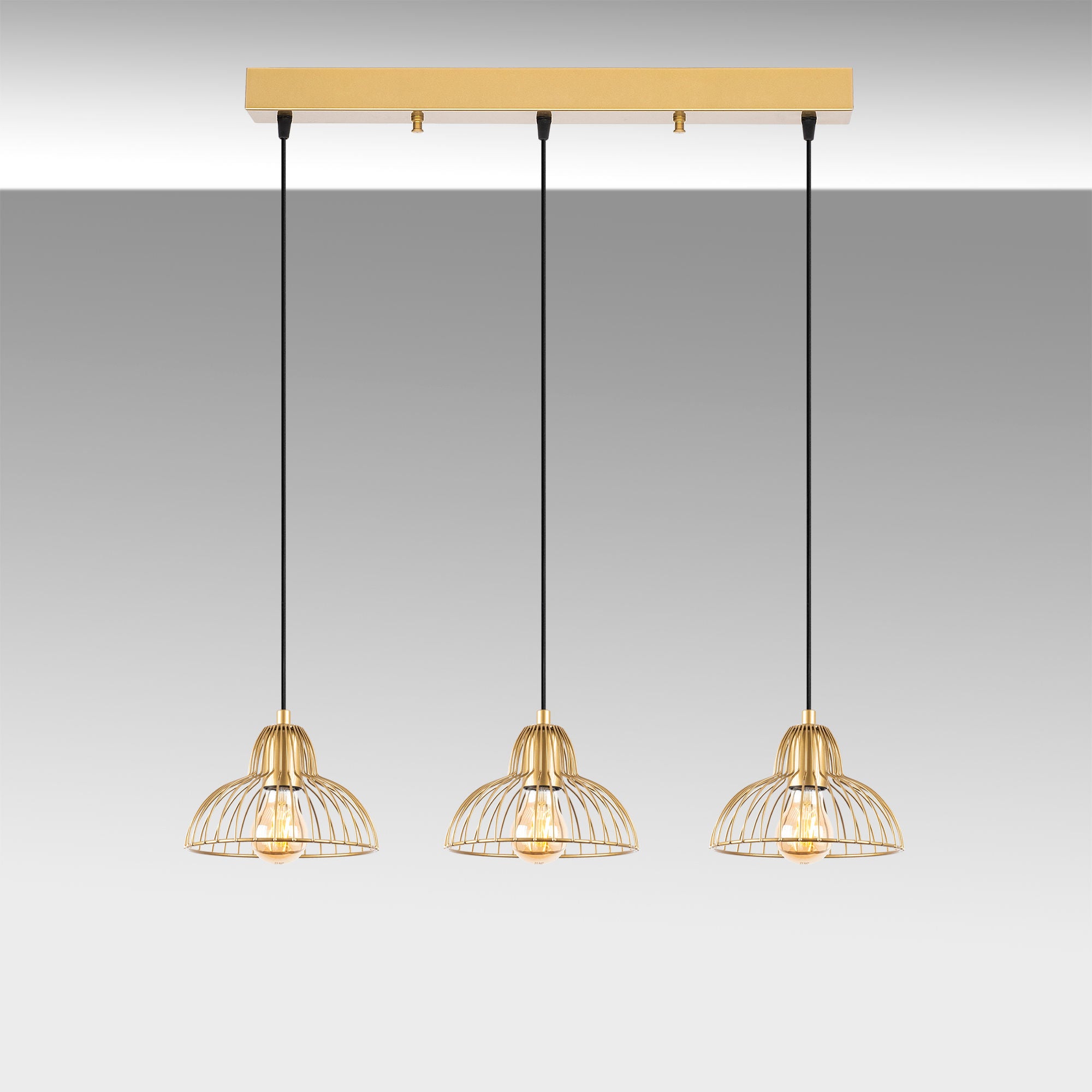 Candeeiro de Teto Elegante Dourado Brilhante, Corpo em Metal, 70 x 20 x 114 cm | Altura Ajustável, 3 Soquetes E27, Design Moderno e Glamouroso para Casa e Escritório