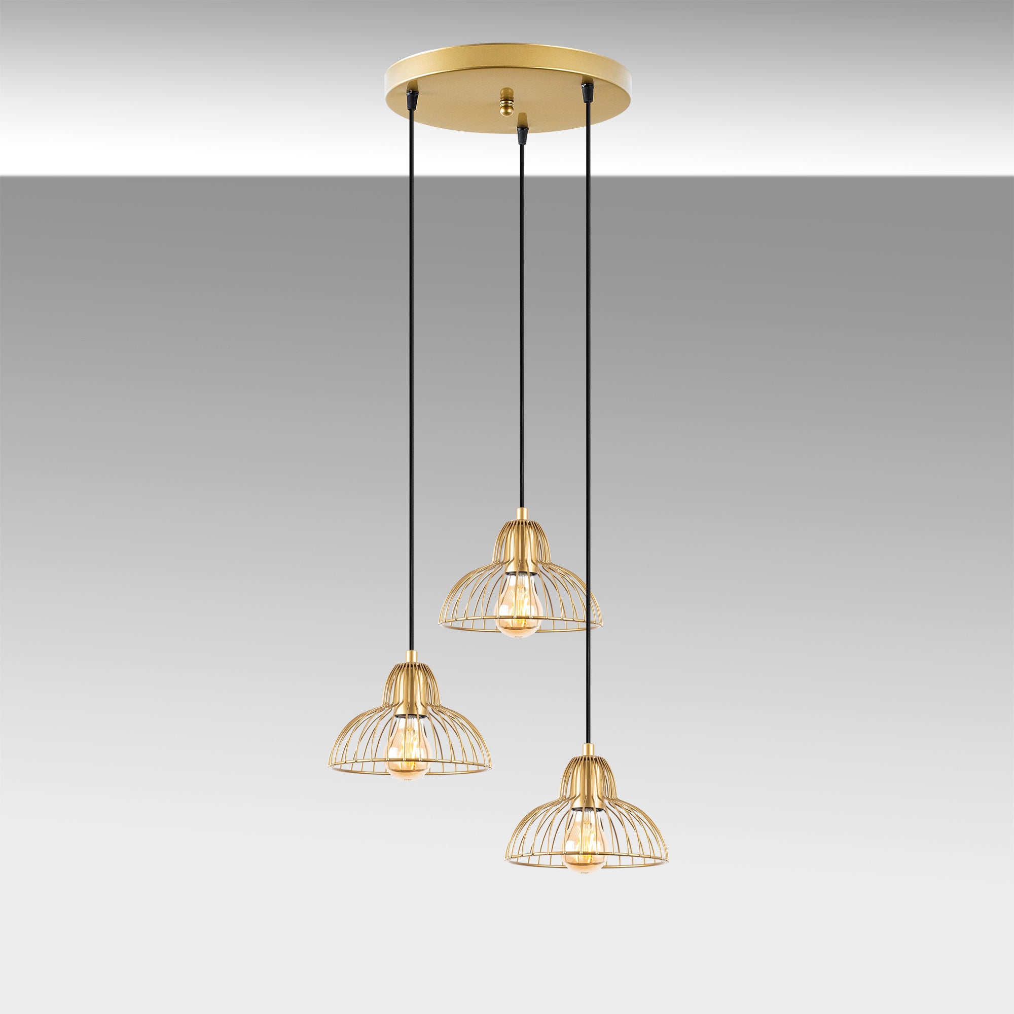 Candeeiro de Teto Elegante Dourado Brilhante, 44 x 44 x 114 cm | Corpo em Metal, Altura Ajustável, 3 Soquetes E27 | Design Moderno e Glamouroso para Interiores Elegantes