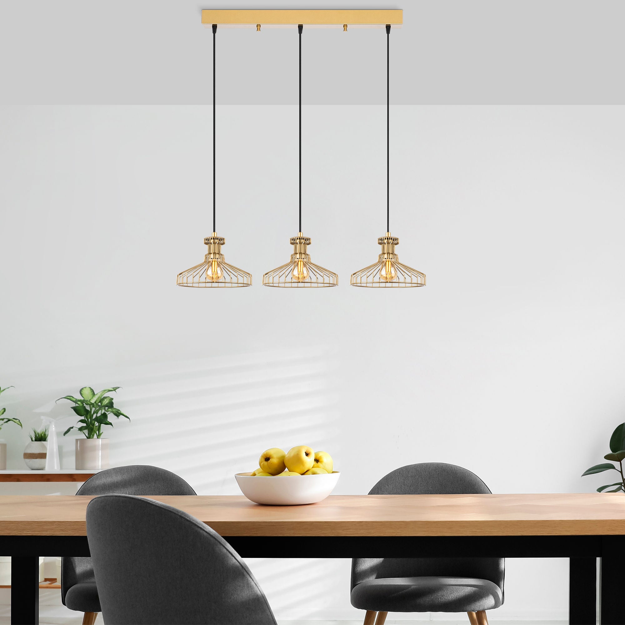 Candeeiro de Teto elegante em ouro brilhante, corpo de metal, altura ajustável, 96 x 23 x 129 cm | 3 x E27 máx. 40 W, design moderno e glamouroso para casa e escritório