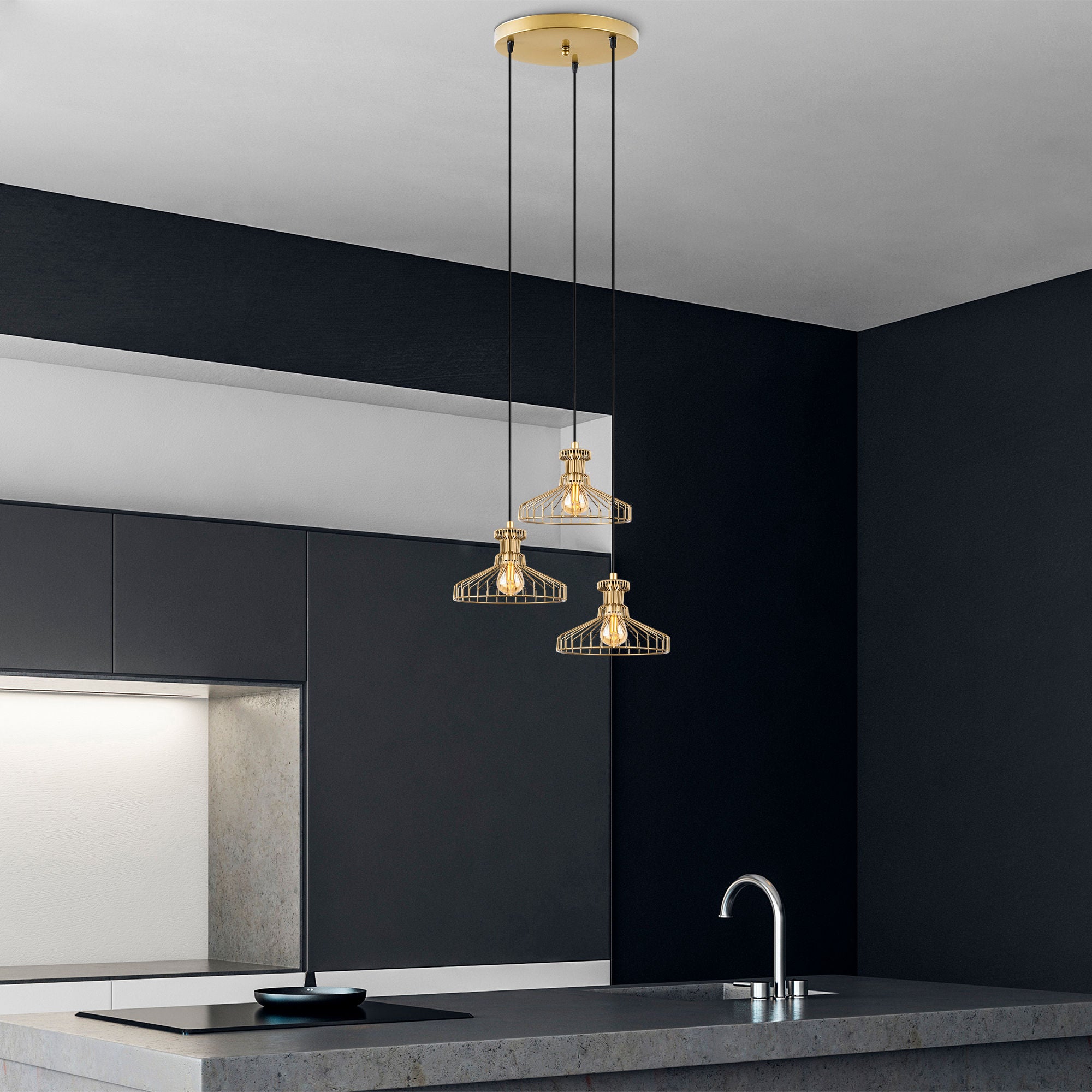 Candeeiro de Teto Dourado Elegante, 47 x 47 x 115 cm | Corpo em Metal, Altura Ajustável, 3 x E27 máx. 40 W | Design Glamour Moderno para Interiores Elegantes