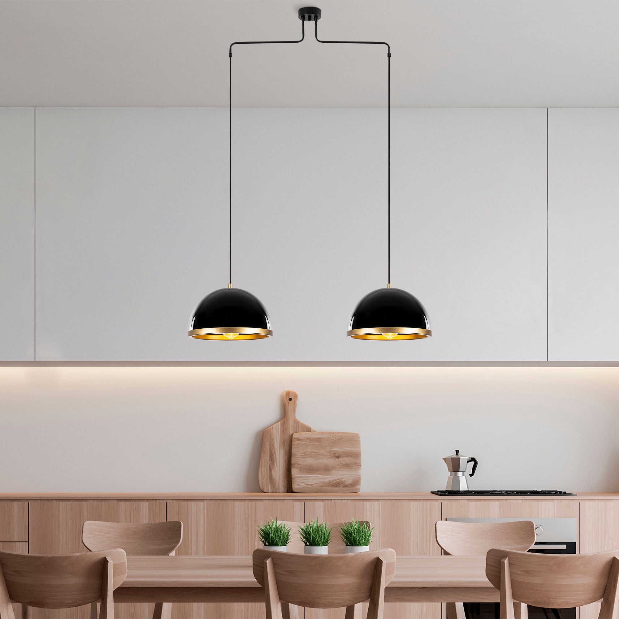 Candeeiro de Teto Elegante Preto e Dourado, 100 x 20 x 124 cm | Corpo em Metal, Altura Ajustável, 2 Soquetes E27 | Design Escandinavo Moderno para Interiores Elegantes