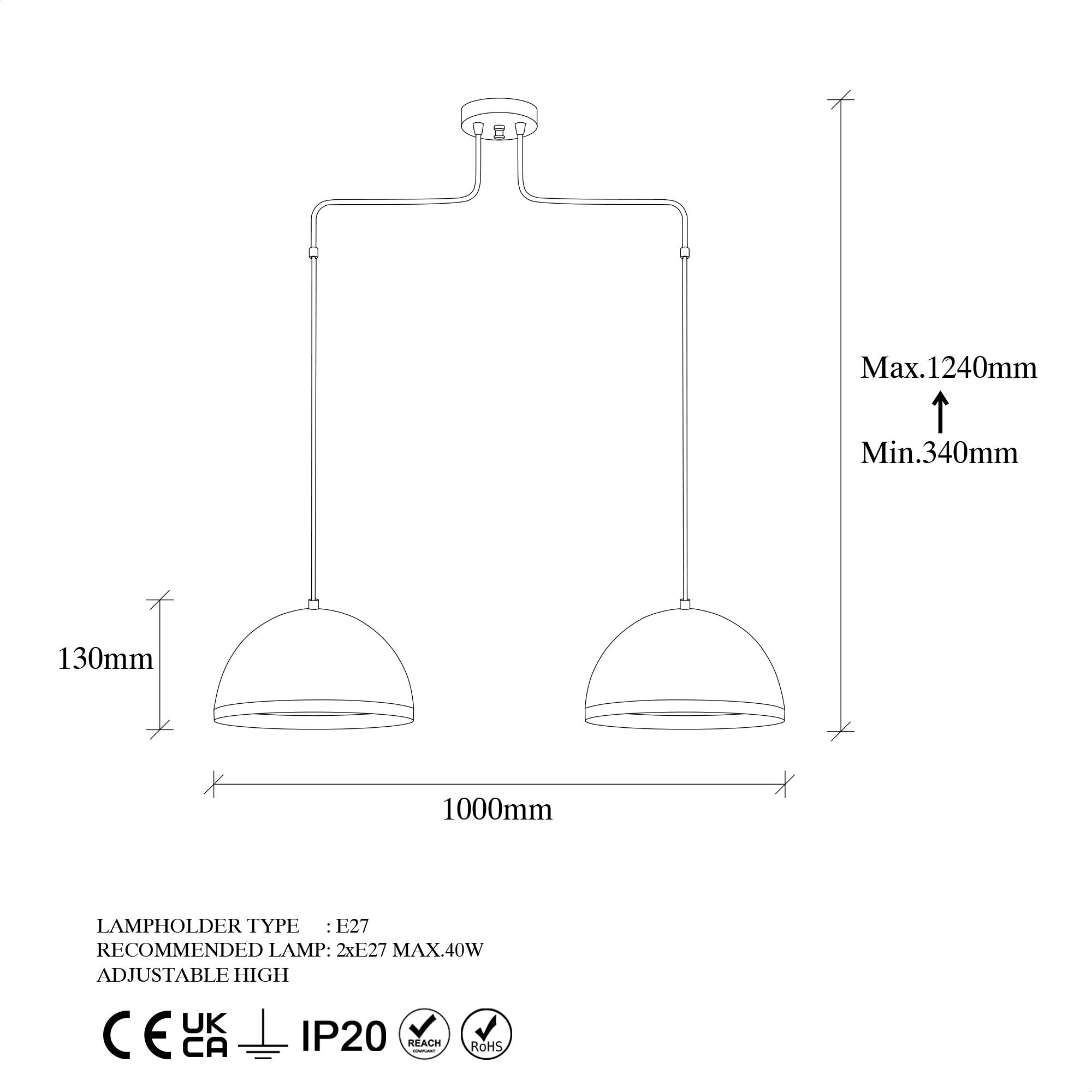 Candeeiro de Teto Elegante Preto e Dourado, 100 x 20 x 124 cm | Corpo em Metal, Altura Ajustável, 2 Soquetes E27 | Design Escandinavo Moderno para Interiores Elegantes