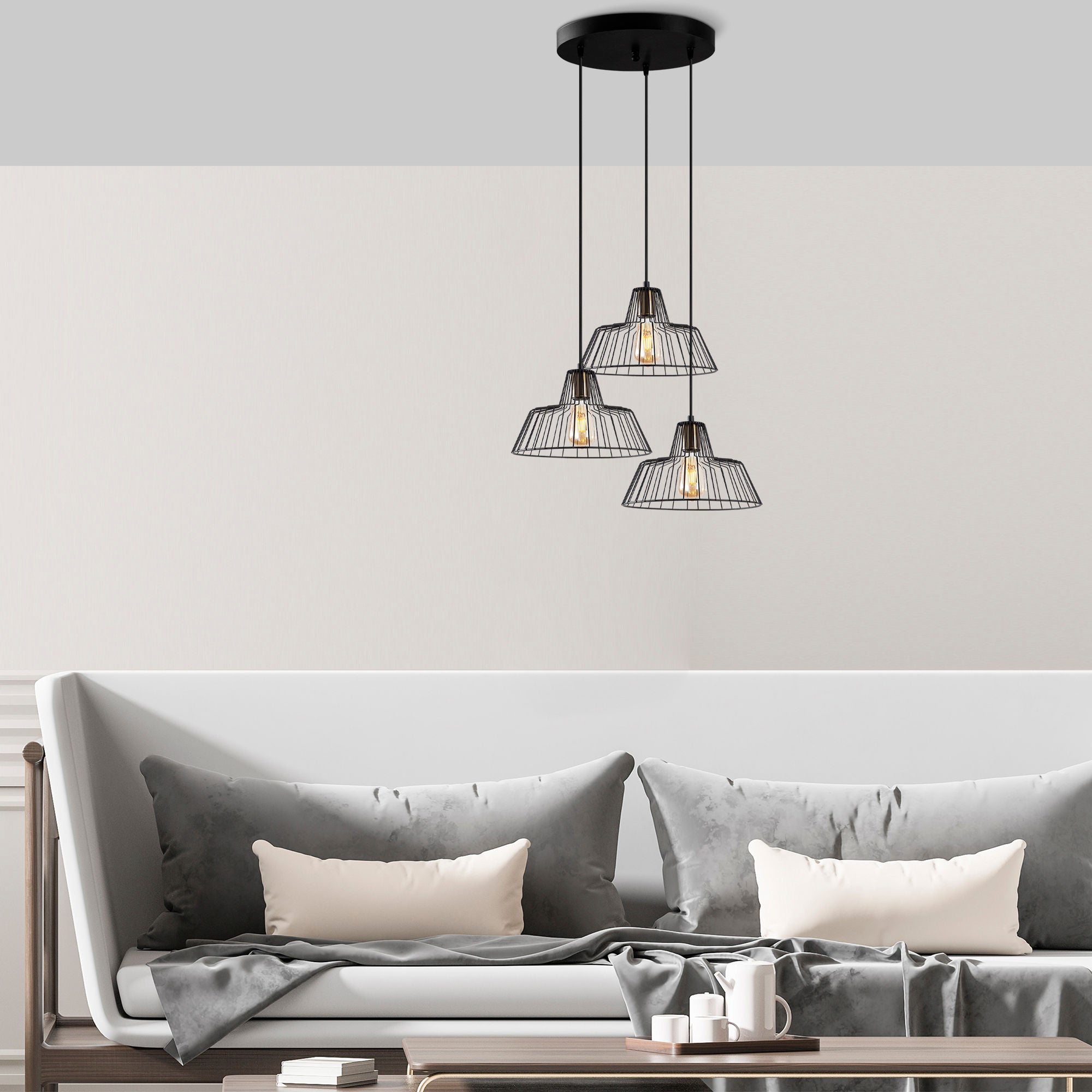 Candeeiro de Teto Industrial, Acabamento Preto e Antigo, 55 x 55 x 116 cm | Corpo em Metal, Altura Ajustável, 3 Soquetes E27 | Perfeito para Decoração Moderna