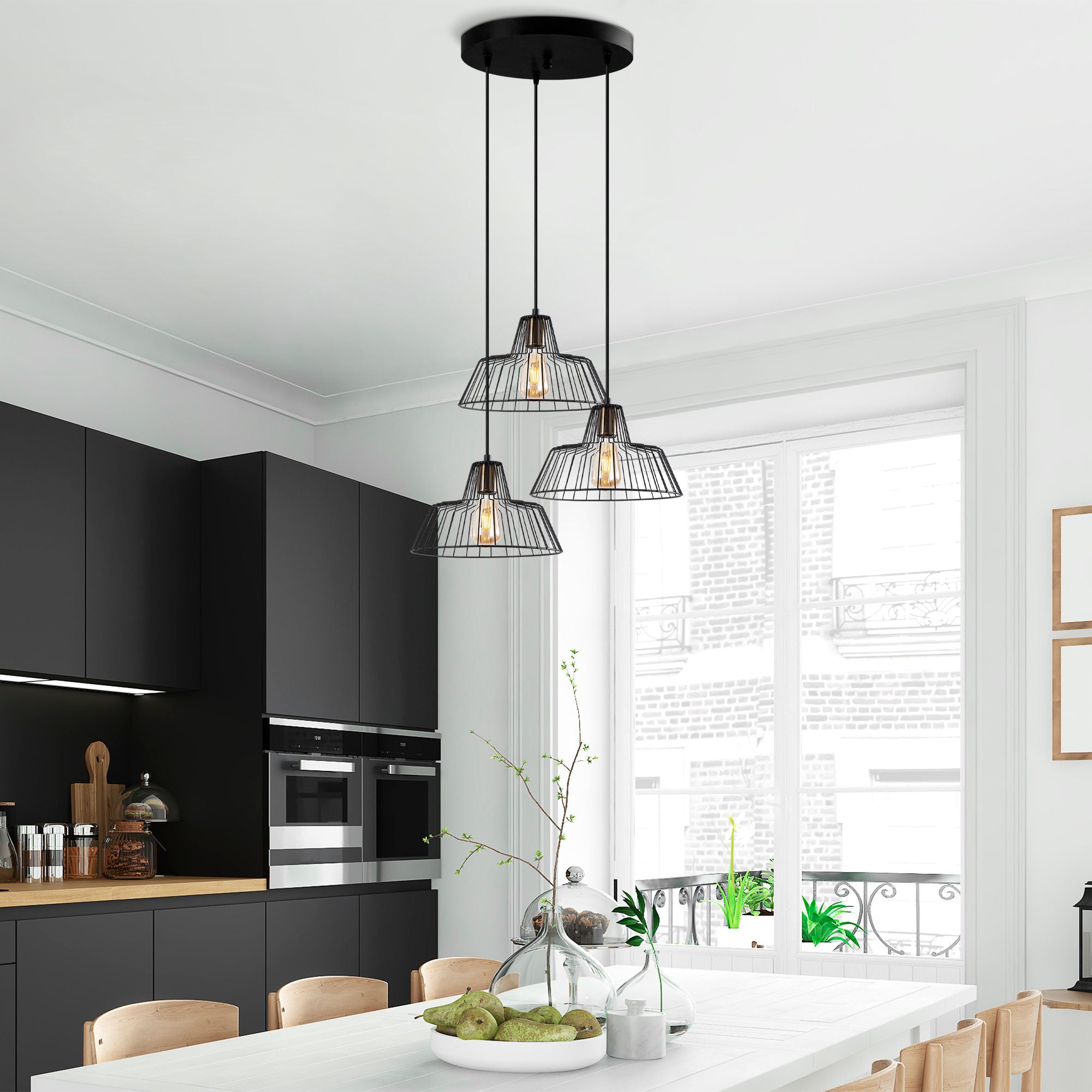 Candeeiro de Teto Industrial, Acabamento Preto e Antigo, 55 x 55 x 116 cm | Corpo em Metal, Altura Ajustável, 3 Soquetes E27 | Perfeito para Decoração Moderna