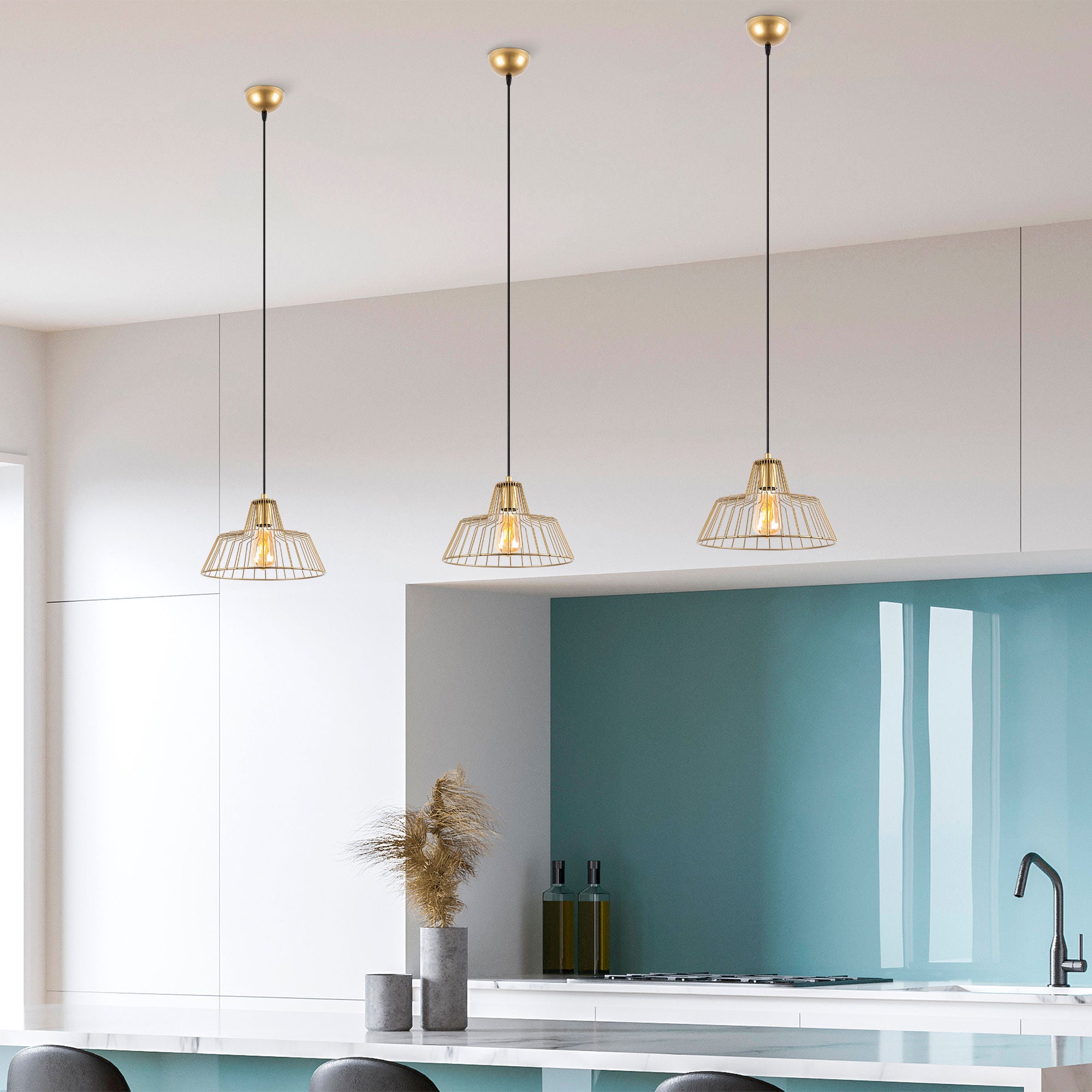 Candeeiro de Teto elegante em ouro brilhante, corpo de metal, 30 x 30 x 116 cm, altura ajustável, soquete E27, design moderno e glamouroso para decoração elegante de casa