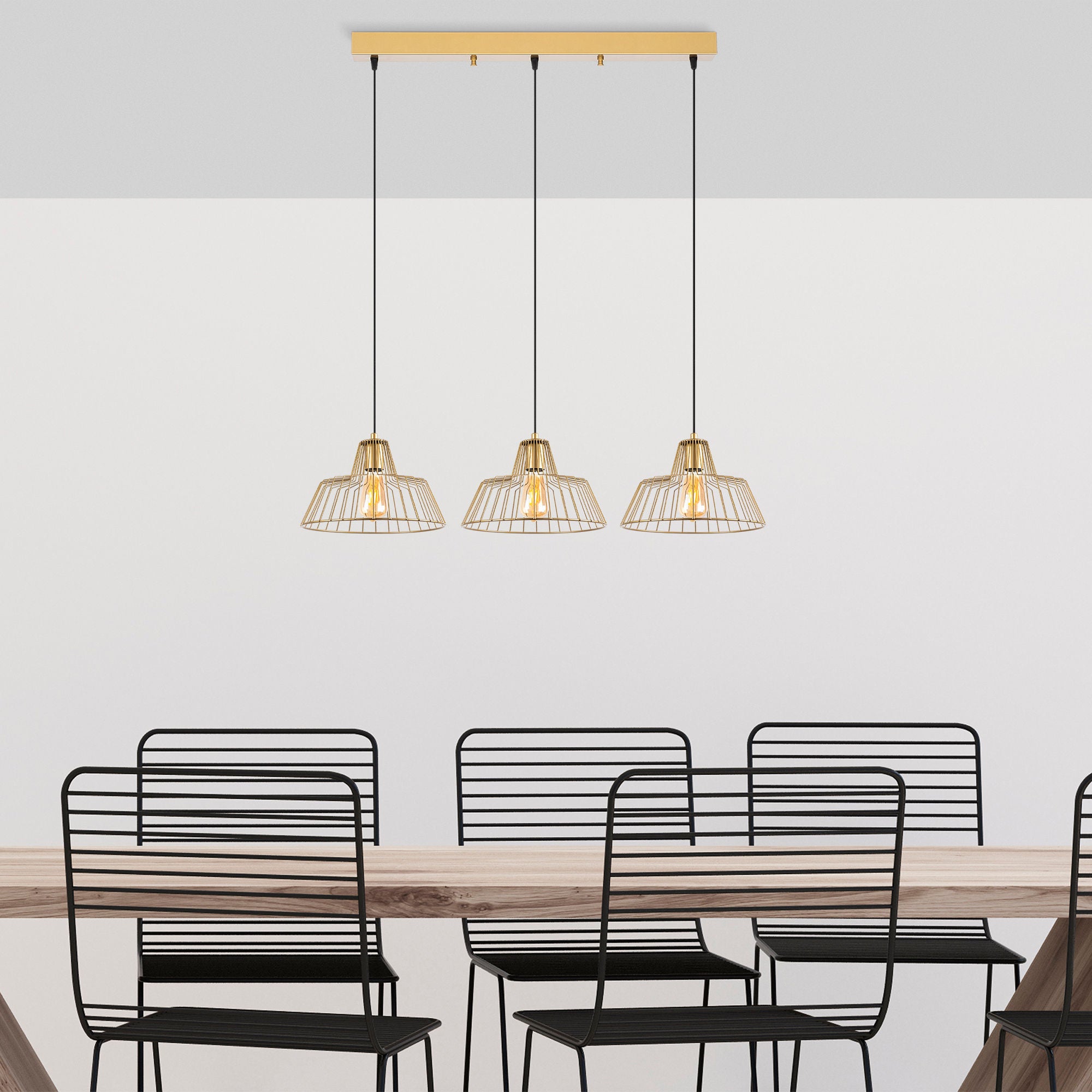 Candeeiro de Teto elegante em ouro brilhante, corpo de metal, 100 x 30 x 116 cm | Altura ajustável, 3 soquetes E27, design moderno e glamouroso para casa e escritório