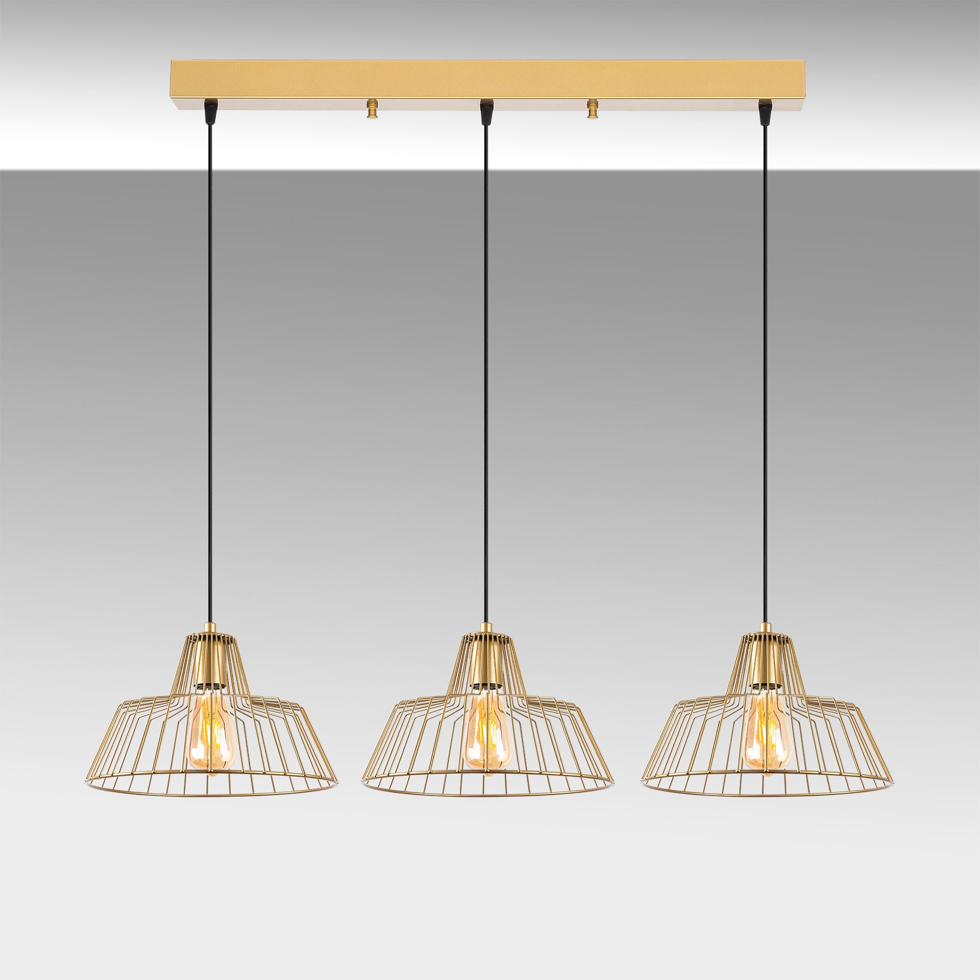 Candeeiro de Teto elegante em ouro brilhante, corpo de metal, 100 x 30 x 116 cm | Altura ajustável, 3 soquetes E27, design moderno e glamouroso para casa e escritório