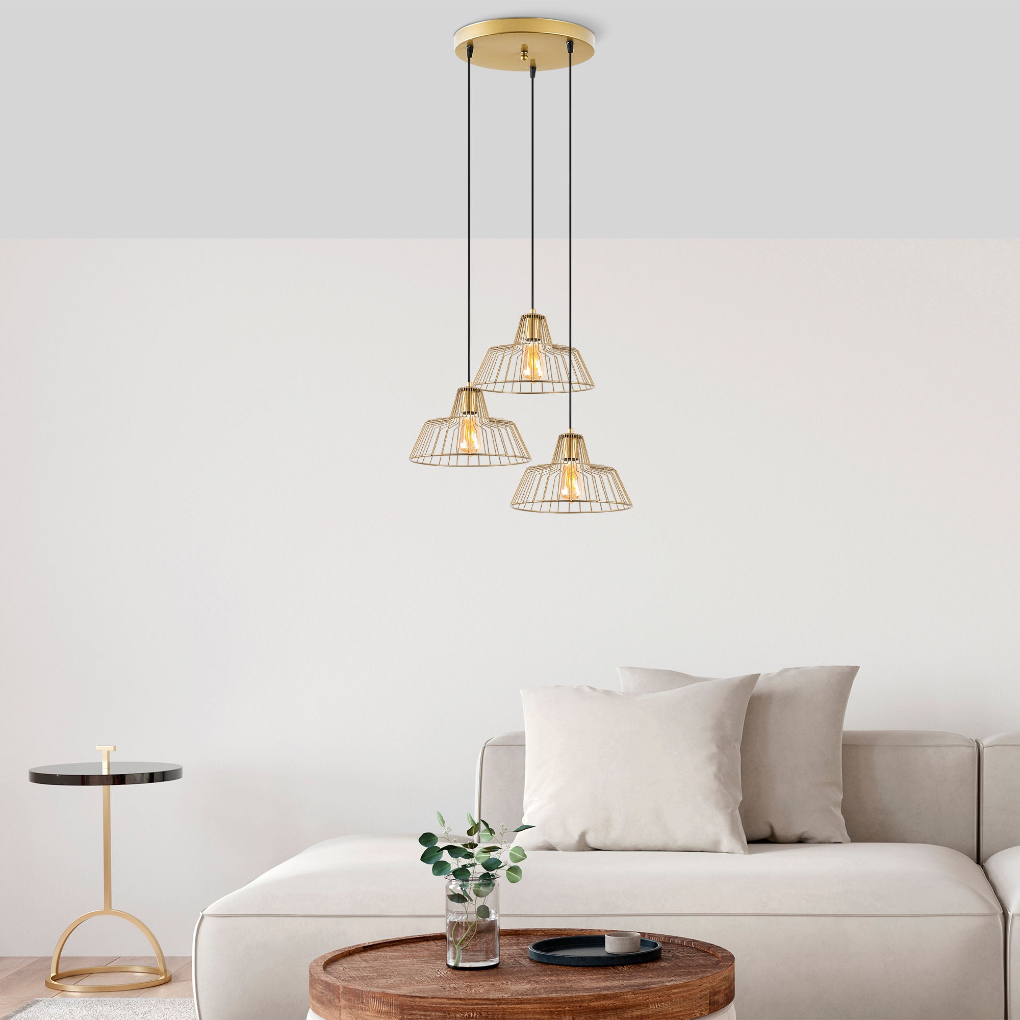 Candeeiro de Teto Elegante Dourado Brilhante, 55 x 55 x 116 cm | Corpo em Metal, Altura Ajustável, 3 Soquetes E27 | Design Moderno e Glamouroso para Casa e Escritório