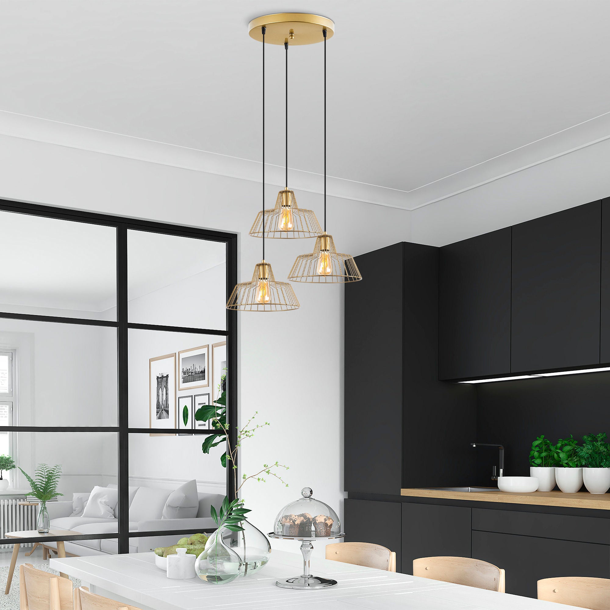 Candeeiro de Teto Elegante Dourado Brilhante, 55 x 55 x 116 cm | Corpo em Metal, Altura Ajustável, 3 Soquetes E27 | Design Moderno e Glamouroso para Casa e Escritório