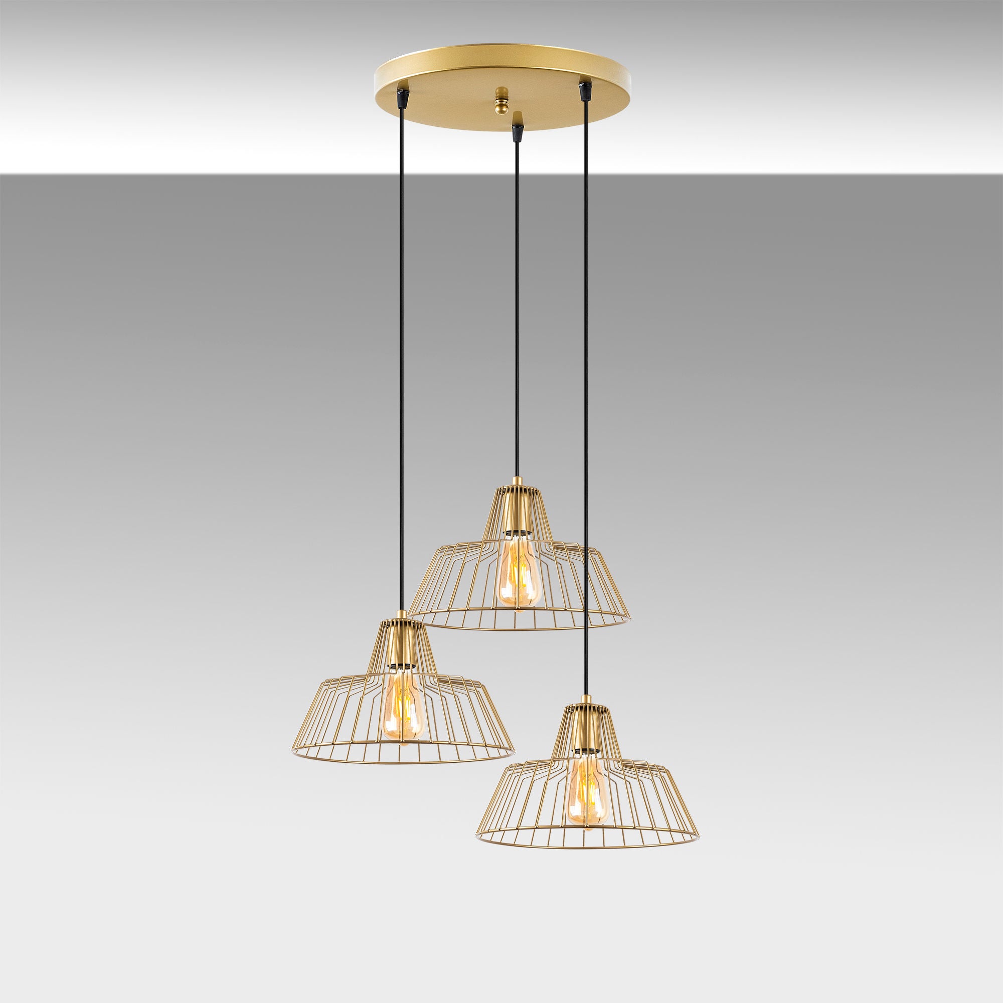 Candeeiro de Teto Elegante Dourado Brilhante, 55 x 55 x 116 cm | Corpo em Metal, Altura Ajustável, 3 Soquetes E27 | Design Moderno e Glamouroso para Casa e Escritório