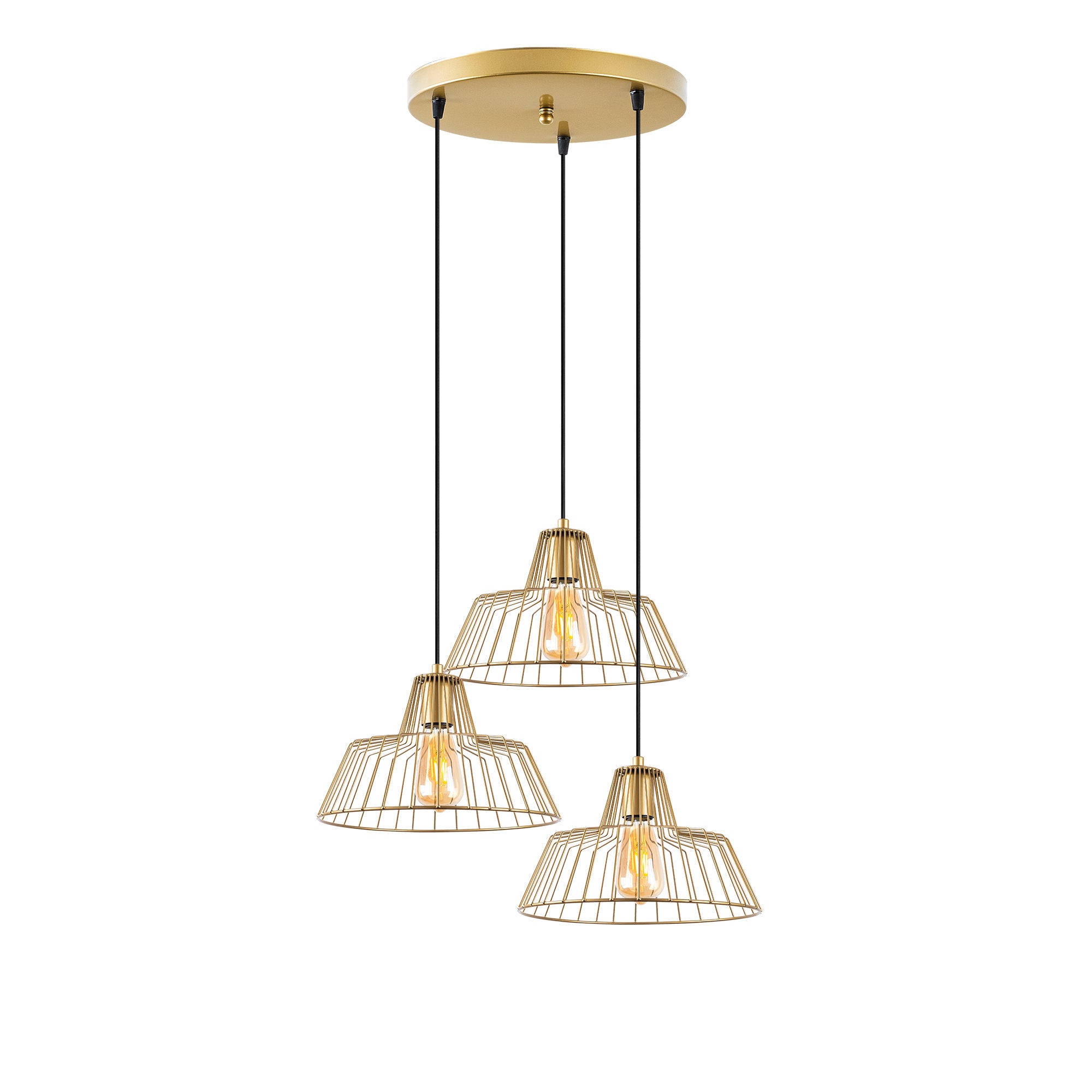 Candeeiro de Teto Elegante Dourado Brilhante, 55 x 55 x 116 cm | Corpo em Metal, Altura Ajustável, 3 Soquetes E27 | Design Moderno e Glamouroso para Casa e Escritório