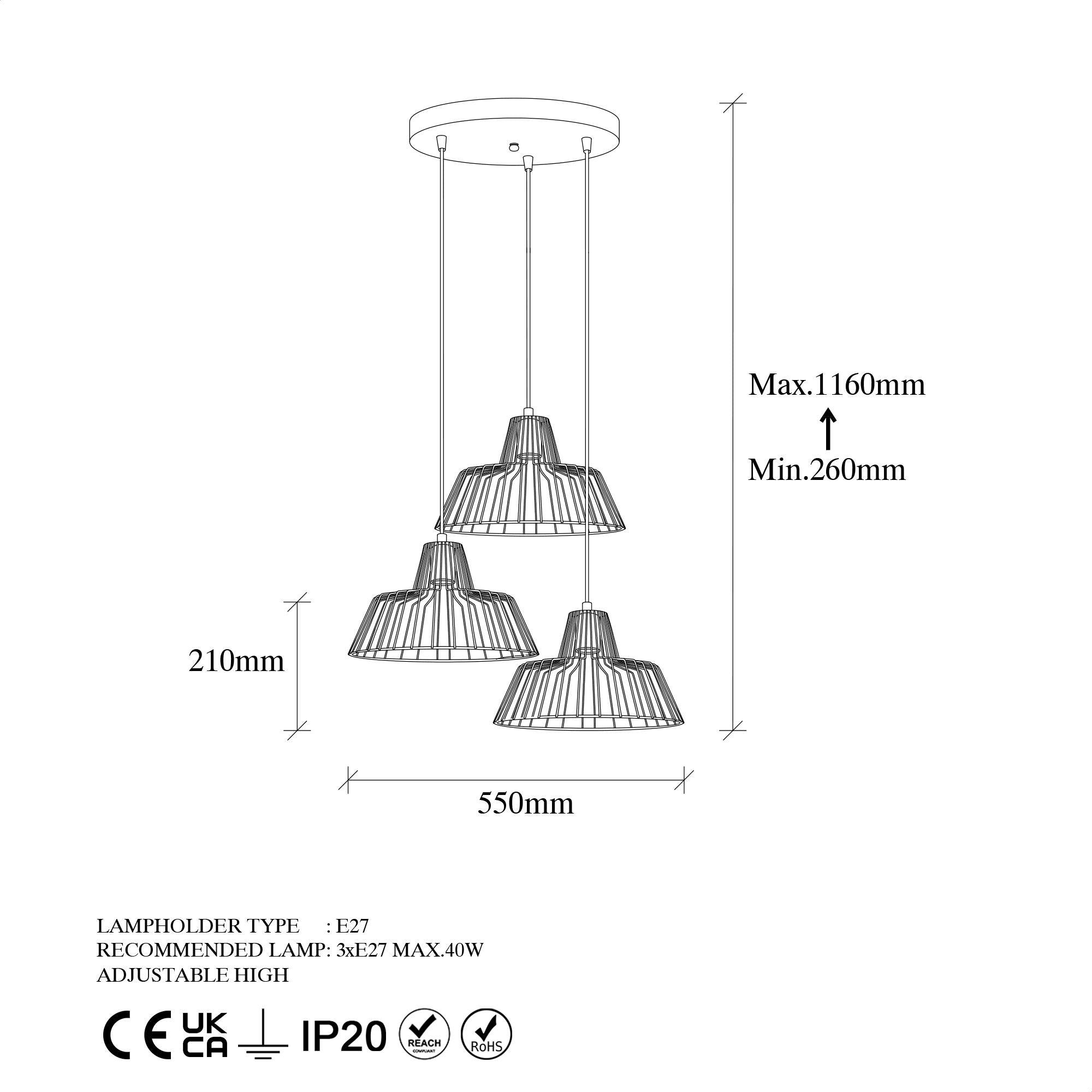 Candeeiro de Teto Elegante Dourado Brilhante, 55 x 55 x 116 cm | Corpo em Metal, Altura Ajustável, 3 Soquetes E27 | Design Moderno e Glamouroso para Casa e Escritório