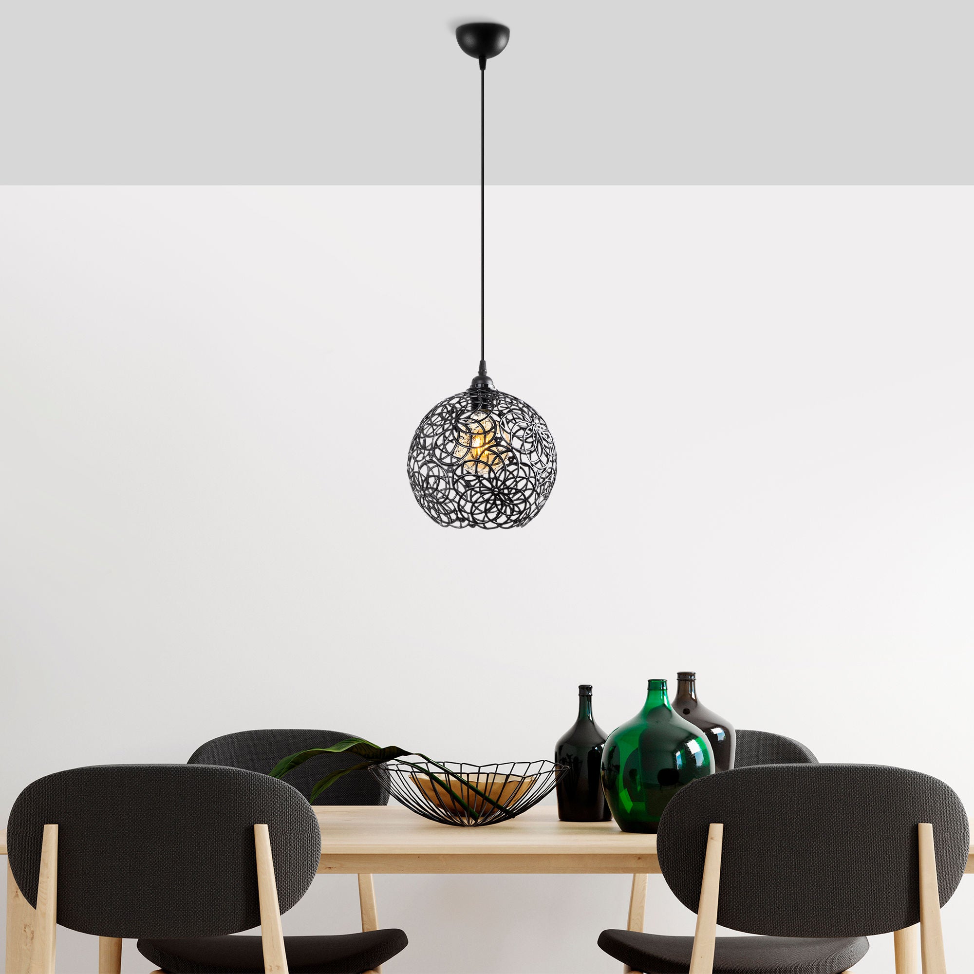 Candeeiro de Teto preto moderno, corpo de metal, altura ajustável 25x25x126 cm, soquete E27 máx. 40 W, design industrial elegante para iluminação residencial e de escritório