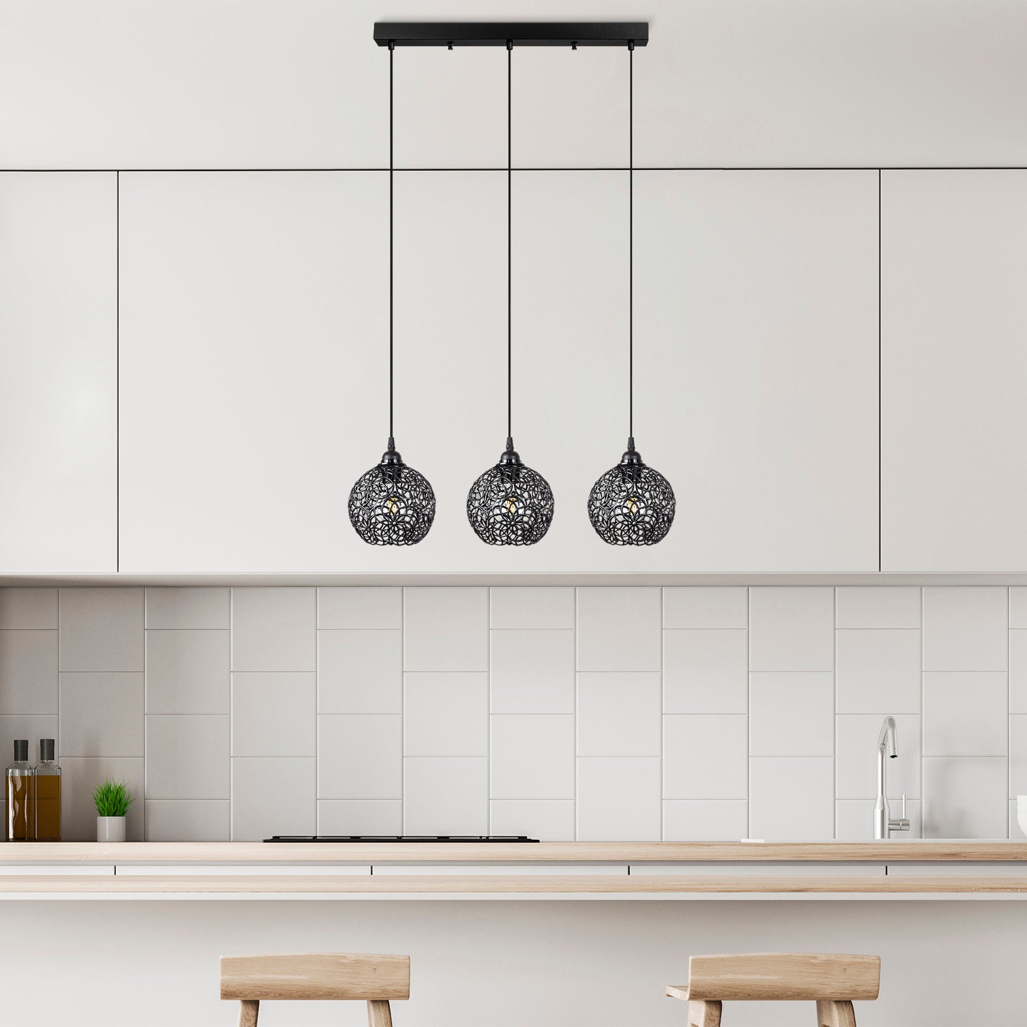 Candeeiro de Teto moderno preto, corpo de metal, altura ajustável, 69 x 17 x 113 cm | 3 soquetes E27, IP20 | Design industrial elegante para casa e escritório