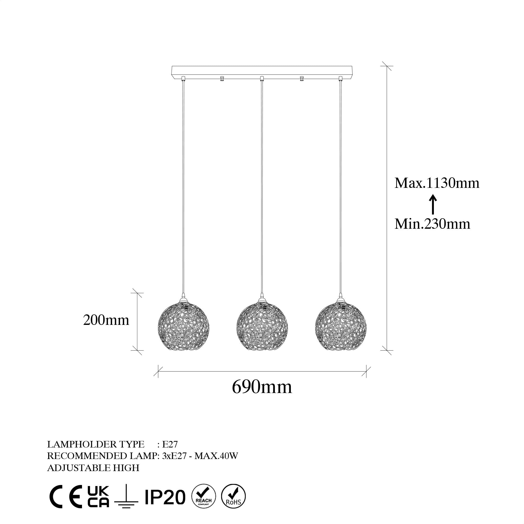 Candeeiro de Teto moderno preto, corpo de metal, altura ajustável, 69 x 17 x 113 cm | 3 soquetes E27, IP20 | Design industrial elegante para casa e escritório