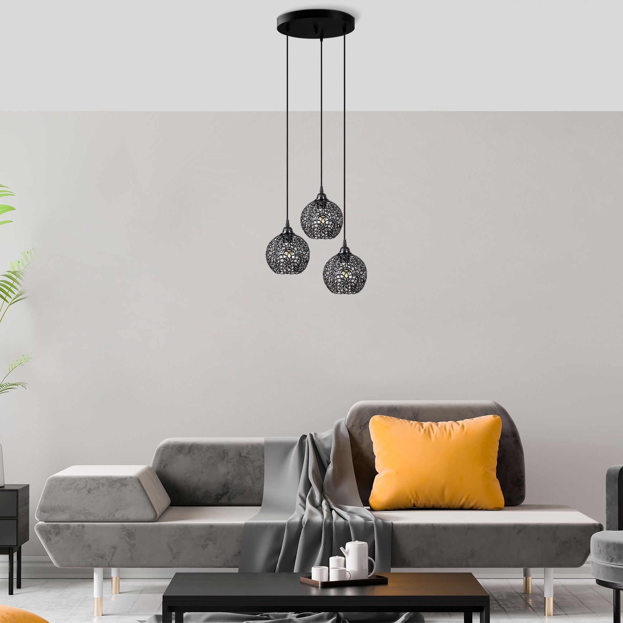 Candeeiro de Teto moderno preto, corpo de metal, 40 x 40 x 113 cm | Altura ajustável, 3 soquetes E27, IP20 | Design industrial elegante para casa e escritório