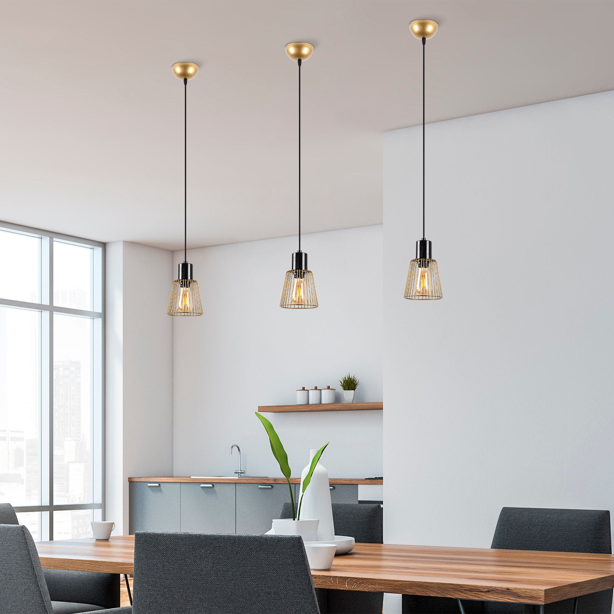 Candeeiro de Teto Dourado Elegante, Corpo em Metal, 16 x 16 x 119 cm | Altura Ajustável, Soquete E27, IP20 | Perfeito para Decoração e Iluminação Glamourosa