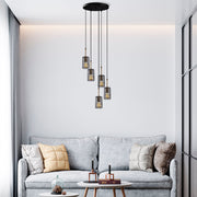 Candeeiro de Teto Industrial, Acabamento Preto e Antigo, 34 x 34 x 121 cm | Corpo em Metal, Altura Ajustável, 5 Soquetes E27, Perfeito para Espaços Modernos