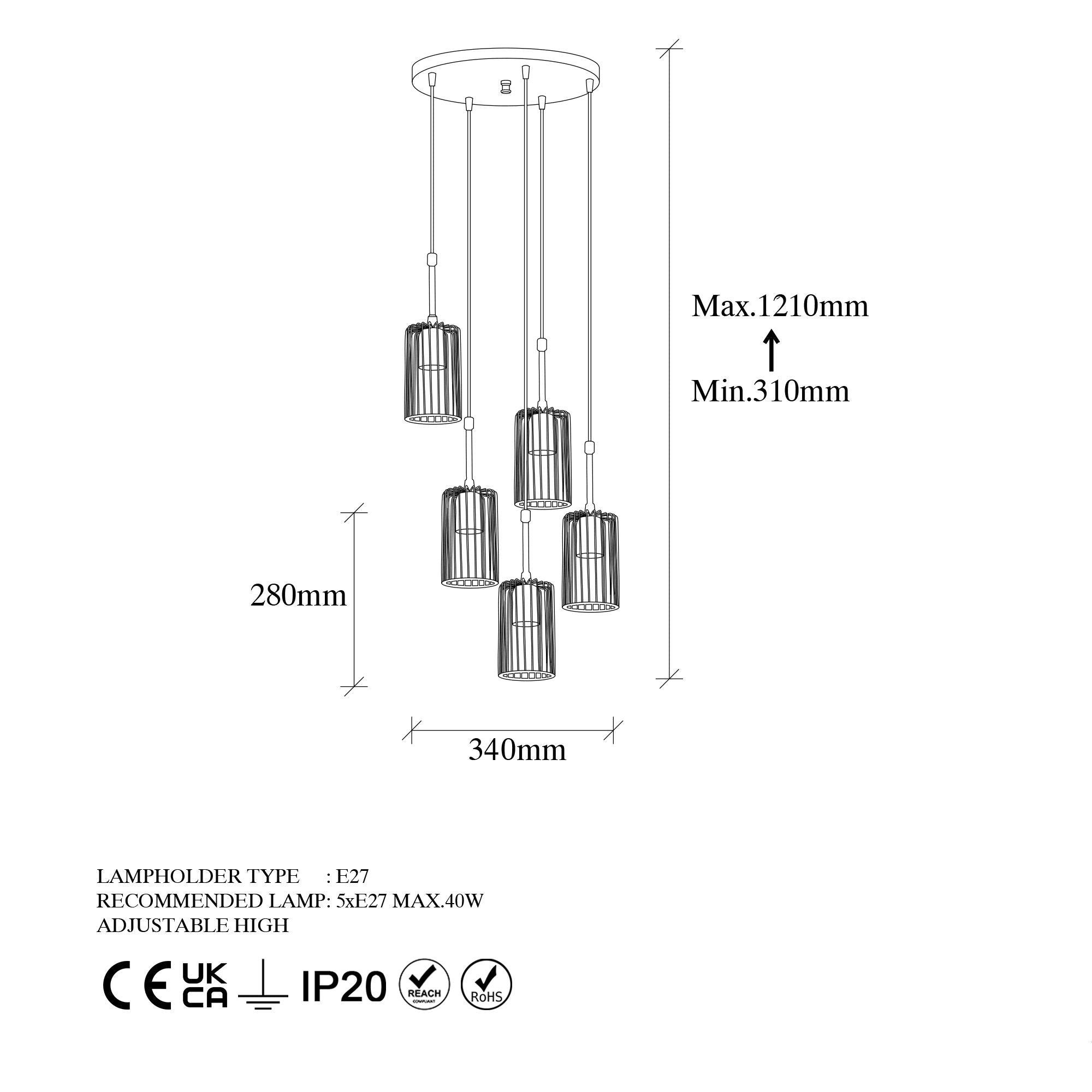 Candeeiro de Teto Industrial, Acabamento Preto e Antigo, 34 x 34 x 121 cm | Corpo em Metal, Altura Ajustável, 5 Soquetes E27, Perfeito para Espaços Modernos