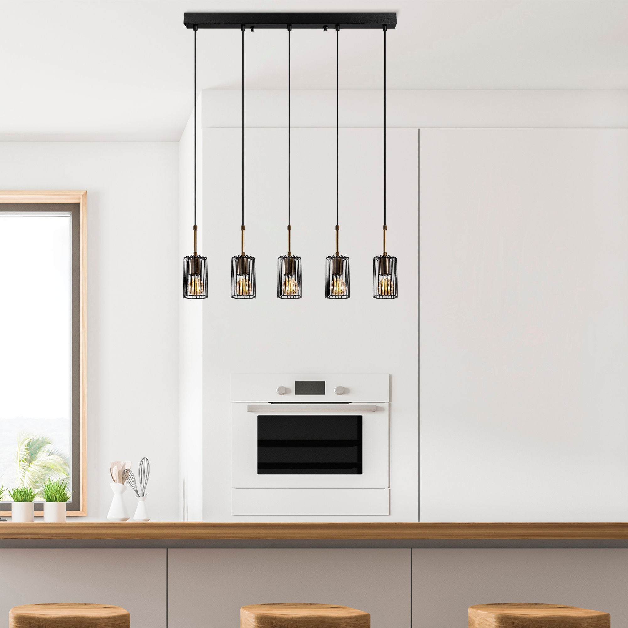 Candeeiro de Teto Industrial, Acabamento Preto e Antigo, 80 x 9 x 121 cm | Corpo em Metal, Altura Ajustável, 5 Soquetes E27, Perfeito para Espaços Modernos