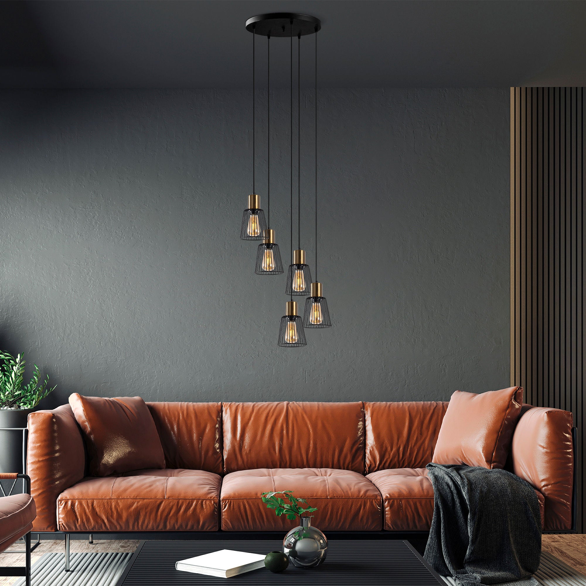 Candeeiro de Teto Industrial, Acabamento Preto e Antigo, 48 x 48 x 115 cm | Corpo em Metal, Altura Ajustável, 5 Soquetes E27, Perfeito para Espaços Modernos