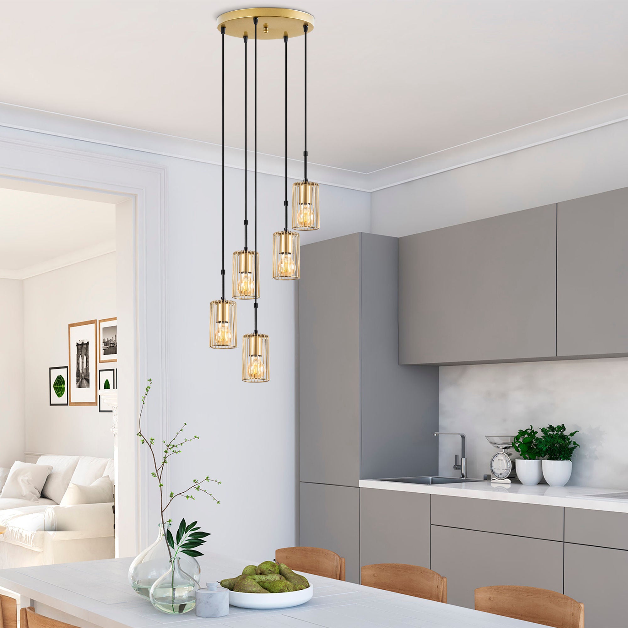 Candeeiro de Teto Elegante Dourado Brilhante, 34 x 34 x 121 cm | Corpo em Metal, Altura Ajustável, 5 x E27, Máx. 40 W | Perfeito para Decoração Moderna e Glamourosa