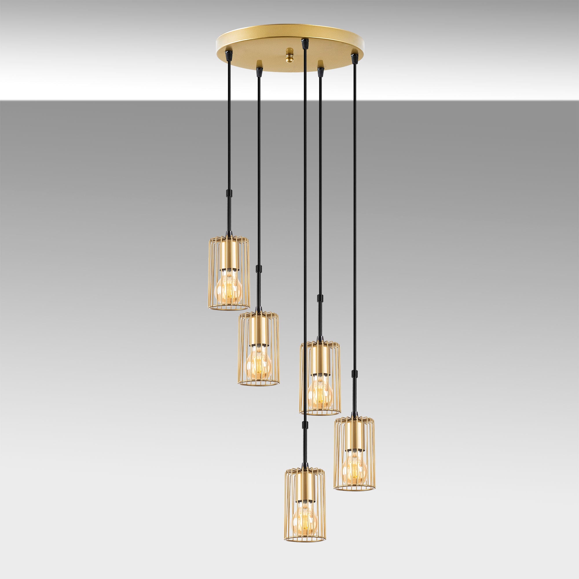 Candeeiro de Teto Elegante Dourado Brilhante, 34 x 34 x 121 cm | Corpo em Metal, Altura Ajustável, 5 x E27, Máx. 40 W | Perfeito para Decoração Moderna e Glamourosa