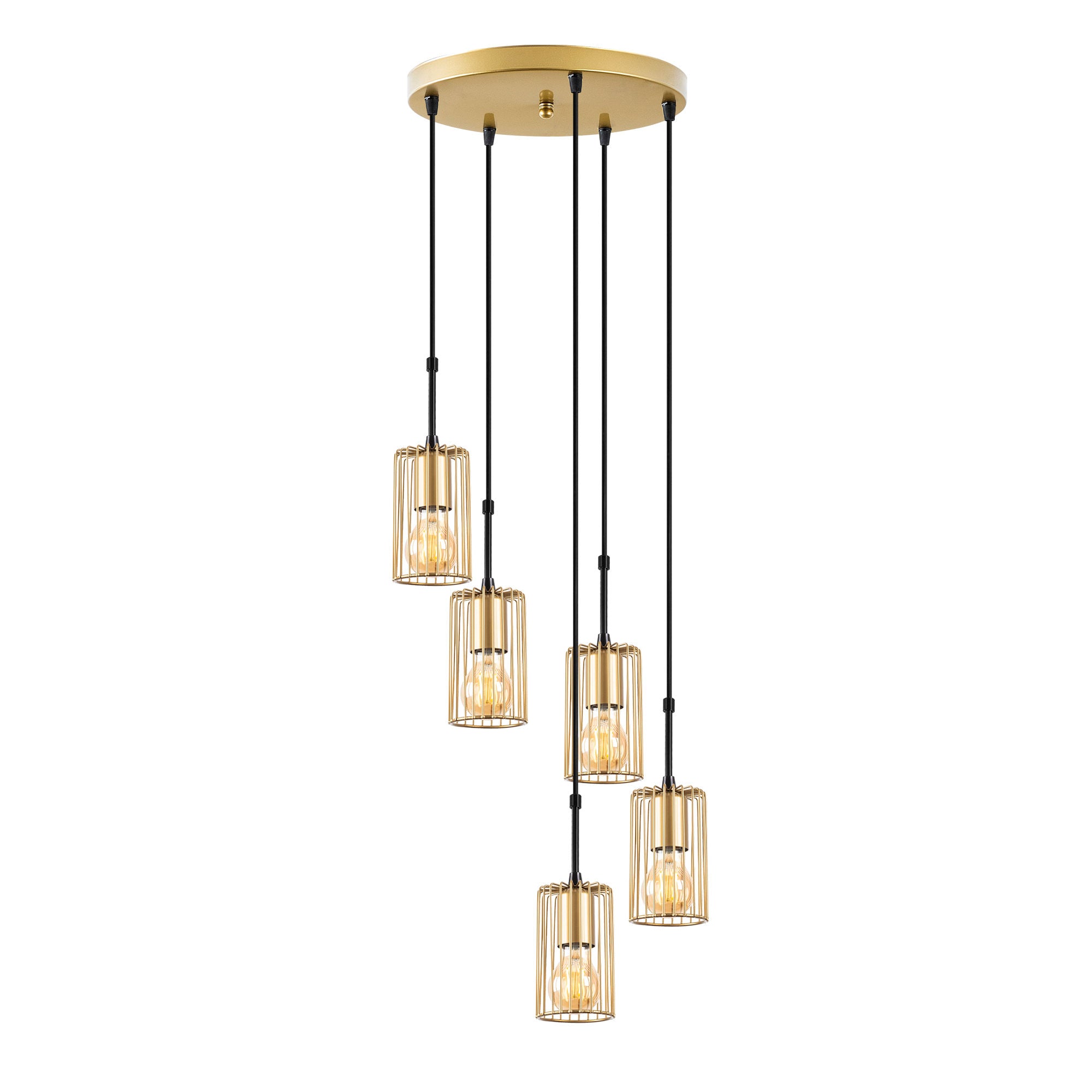Candeeiro de Teto Elegante Dourado Brilhante, 34 x 34 x 121 cm | Corpo em Metal, Altura Ajustável, 5 x E27, Máx. 40 W | Perfeito para Decoração Moderna e Glamourosa