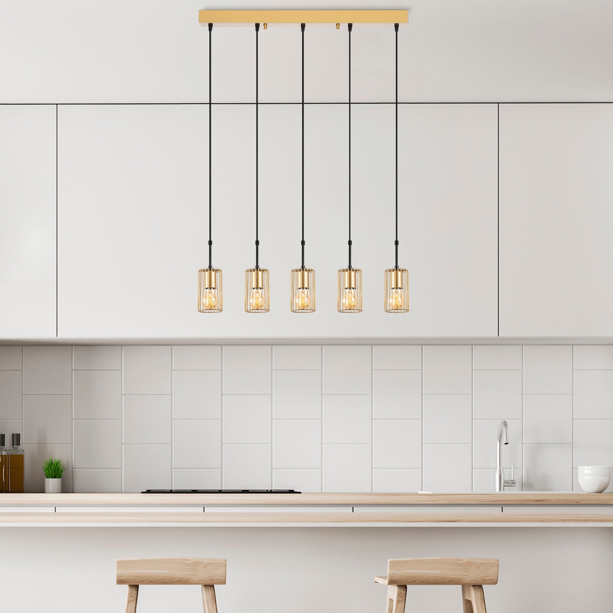 Candeeiro de Teto Dourado Elegante, Corpo em Metal, 80 x 9 x 121 cm | Altura Ajustável, 5 Soquetes E27, Design Moderno para Decoração Elegante | Classificação IP20