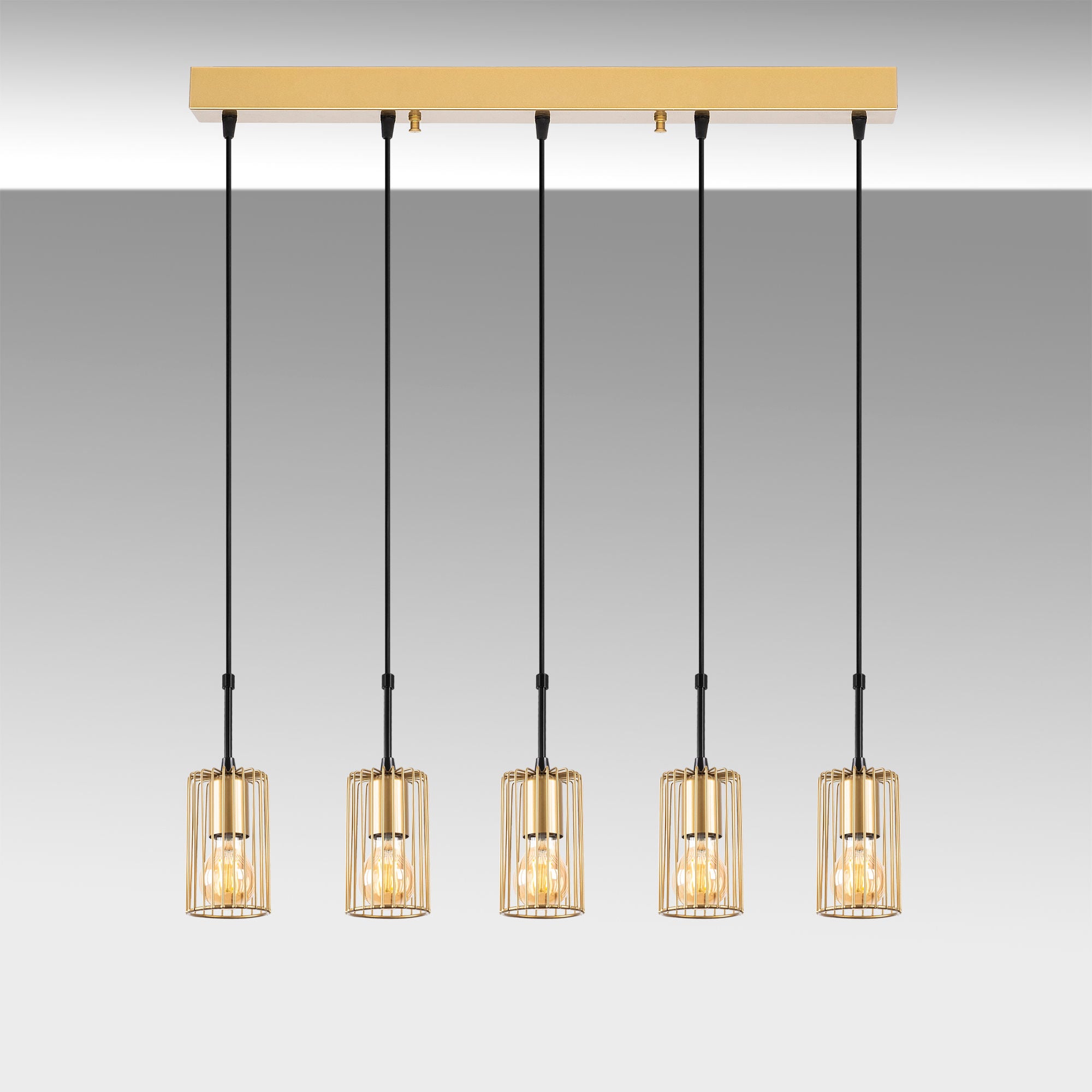 Candeeiro de Teto Dourado Elegante, Corpo em Metal, 80 x 9 x 121 cm | Altura Ajustável, 5 Soquetes E27, Design Moderno para Decoração Elegante | Classificação IP20