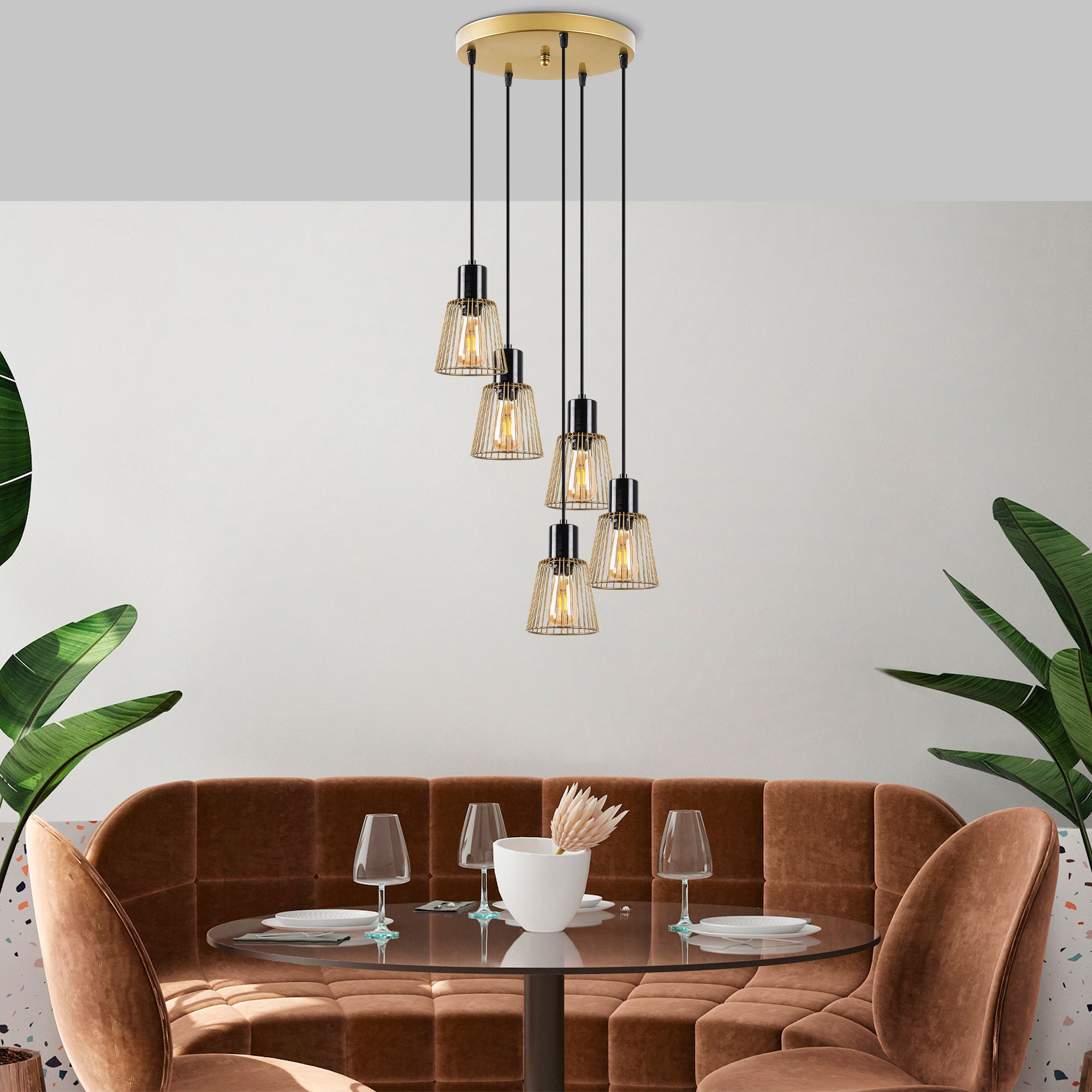 Candeeiro de Teto Dourado Brilhante e Glamouroso, 48 x 48 x 115 cm | Corpo em Metal, Altura Ajustável, 5 Soquetes E27 | Iluminação Elegante para Espaços Modernos, Classificação IP20