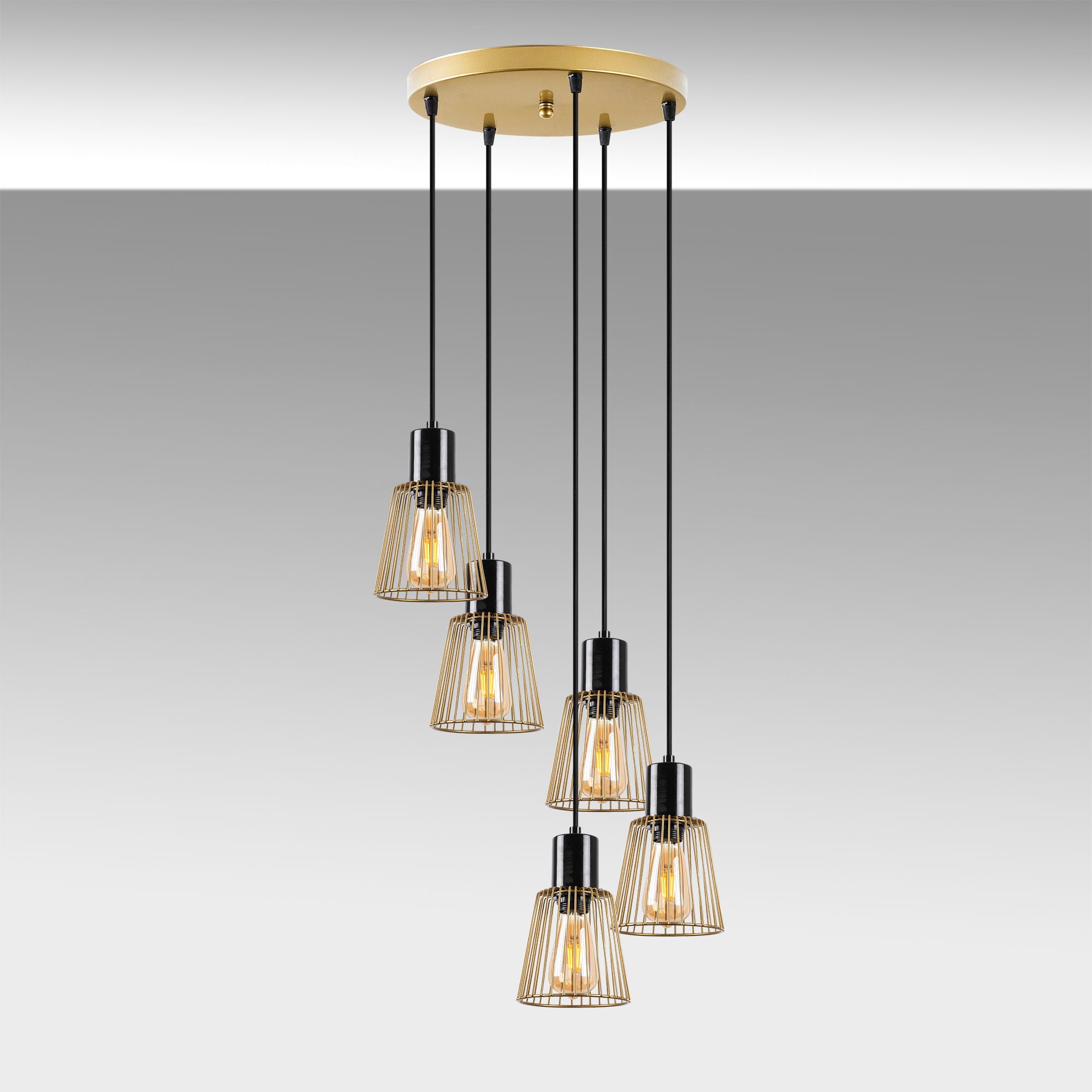 Candeeiro de Teto Dourado Brilhante e Glamouroso, 48 x 48 x 115 cm | Corpo em Metal, Altura Ajustável, 5 Soquetes E27 | Iluminação Elegante para Espaços Modernos, Classificação IP20