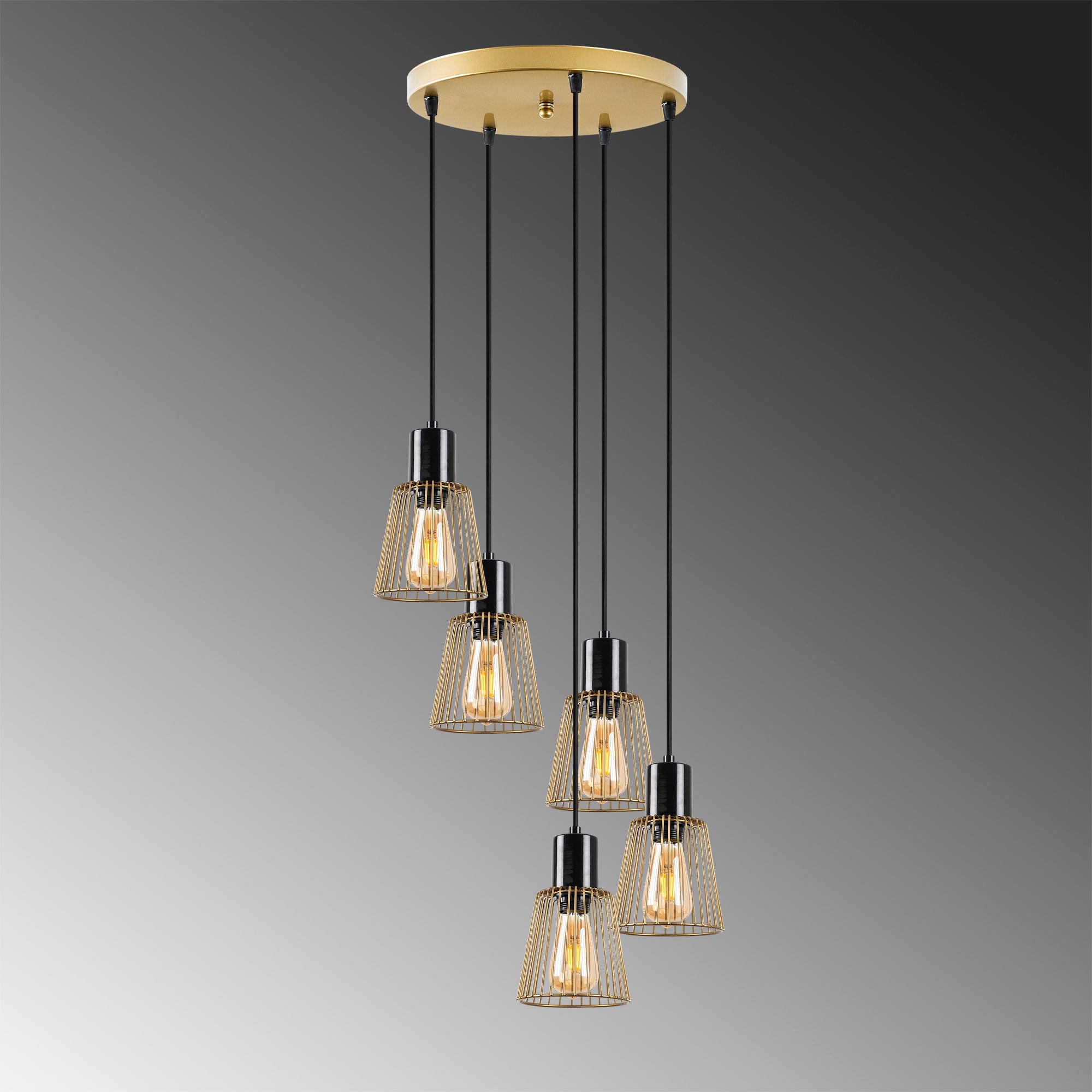 Candeeiro de Teto Dourado Brilhante e Glamouroso, 48 x 48 x 115 cm | Corpo em Metal, Altura Ajustável, 5 Soquetes E27 | Iluminação Elegante para Espaços Modernos, Classificação IP20