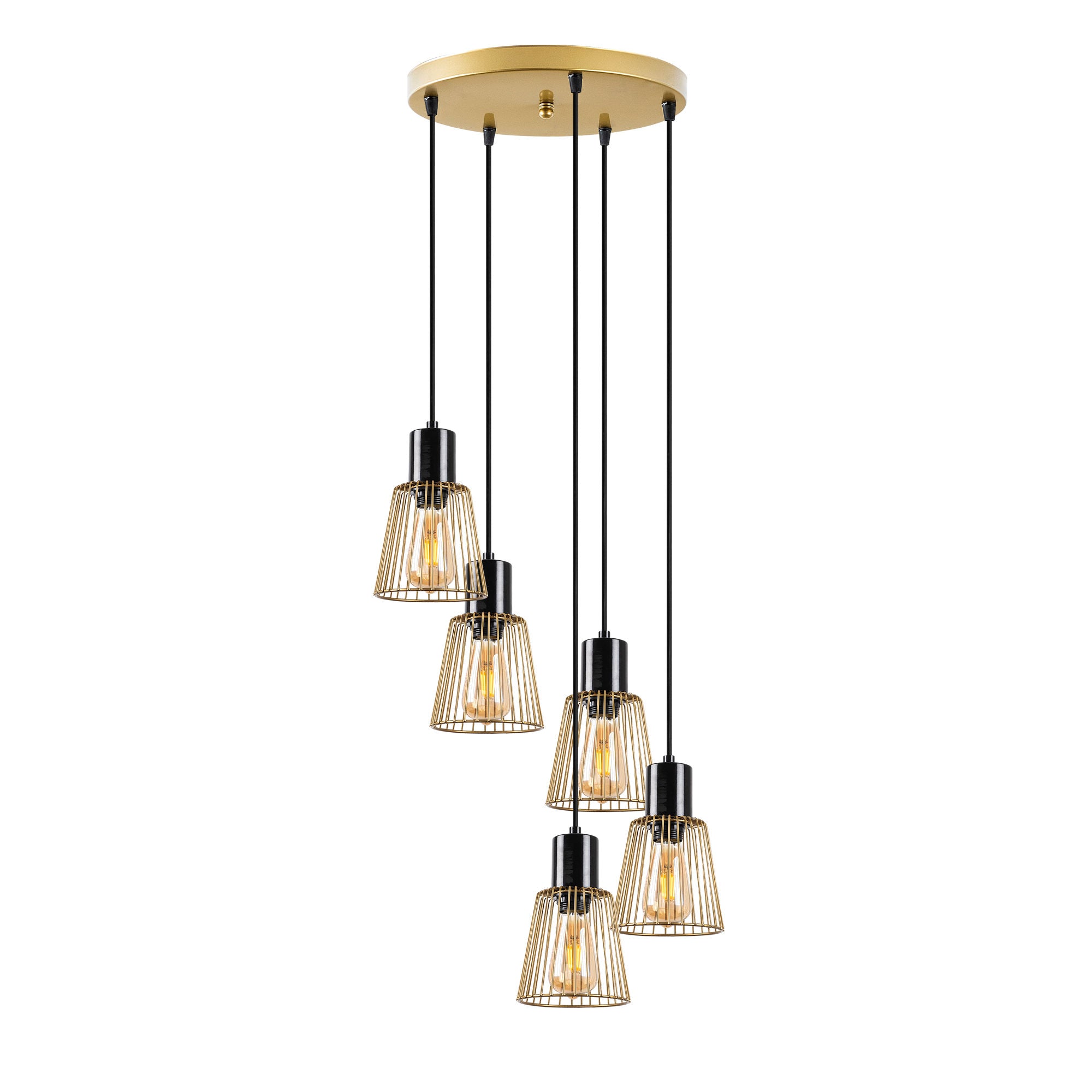 Candeeiro de Teto Dourado Brilhante e Glamouroso, 48 x 48 x 115 cm | Corpo em Metal, Altura Ajustável, 5 Soquetes E27 | Iluminação Elegante para Espaços Modernos, Classificação IP20
