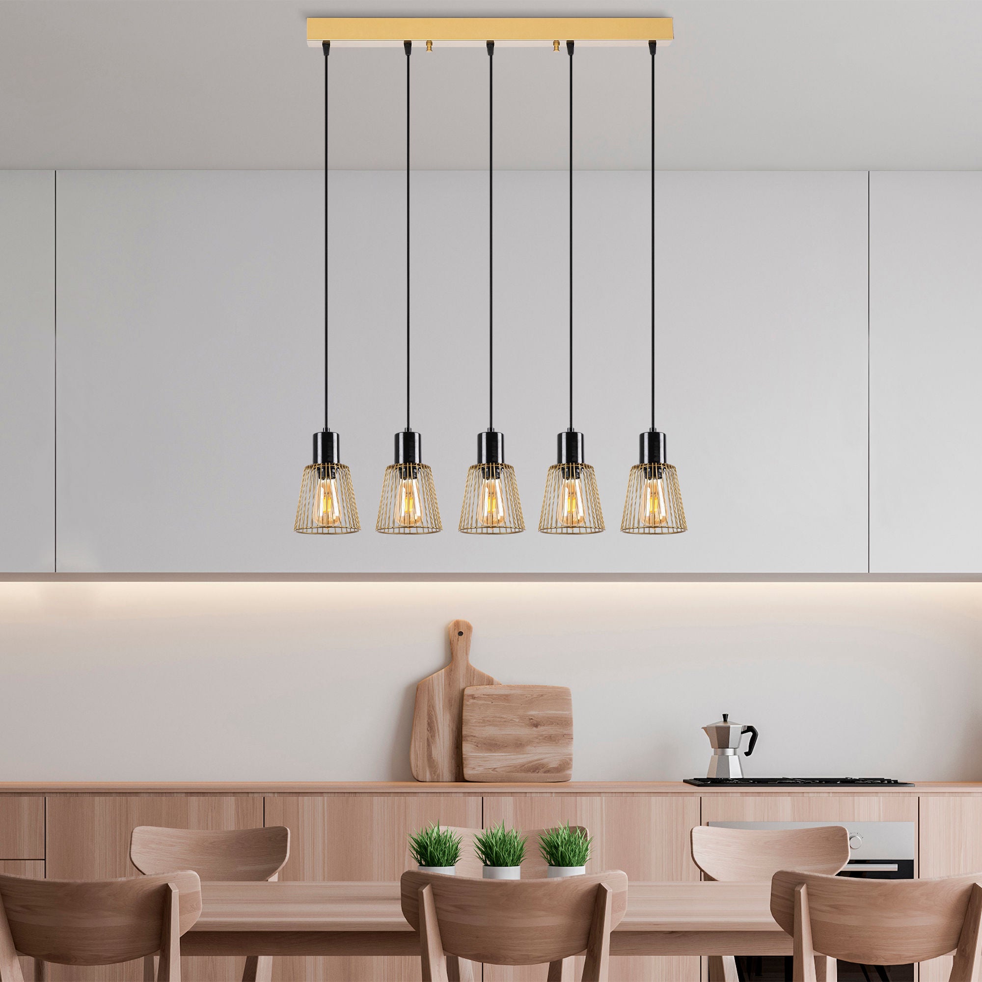 Candeeiro de Teto moderno dourado brilhante, 85 x 16 x 115 cm | Corpo de metal, altura ajustável, 5 soquetes E27 | Iluminação elegante para residências e escritórios