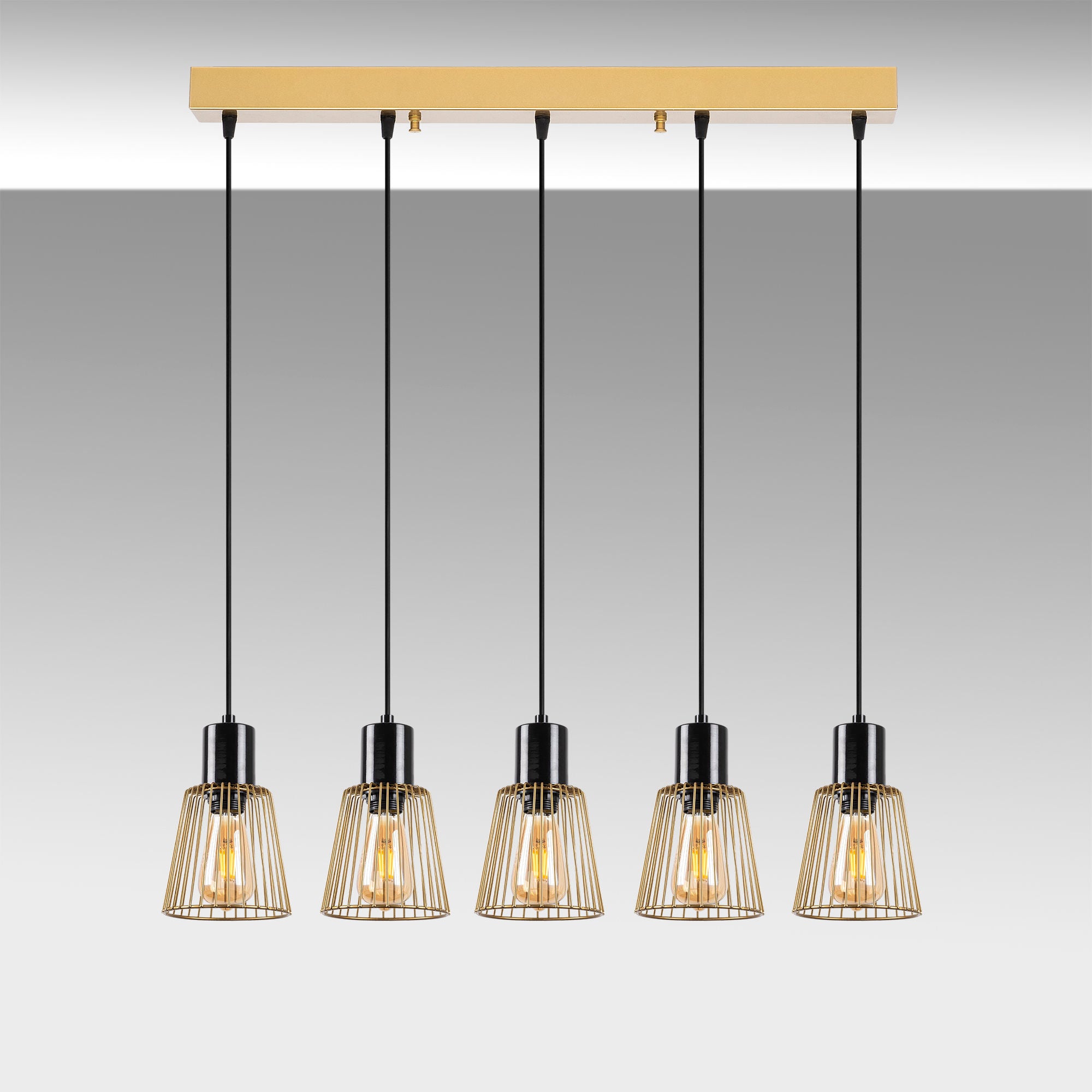 Candeeiro de Teto moderno dourado brilhante, 85 x 16 x 115 cm | Corpo de metal, altura ajustável, 5 soquetes E27 | Iluminação elegante para residências e escritórios