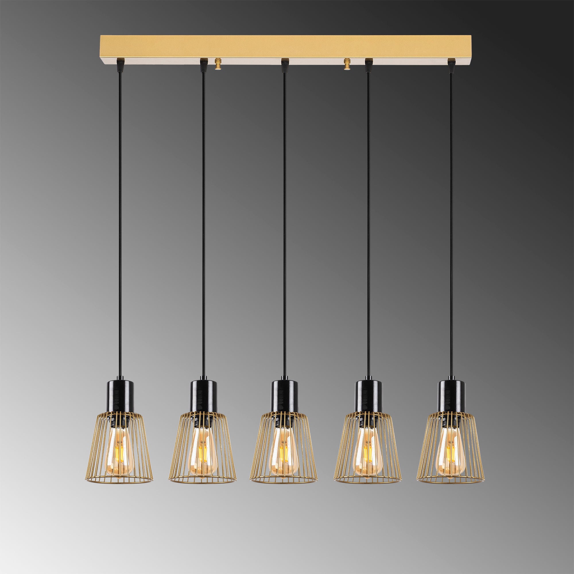 Candeeiro de Teto moderno dourado brilhante, 85 x 16 x 115 cm | Corpo de metal, altura ajustável, 5 soquetes E27 | Iluminação elegante para residências e escritórios