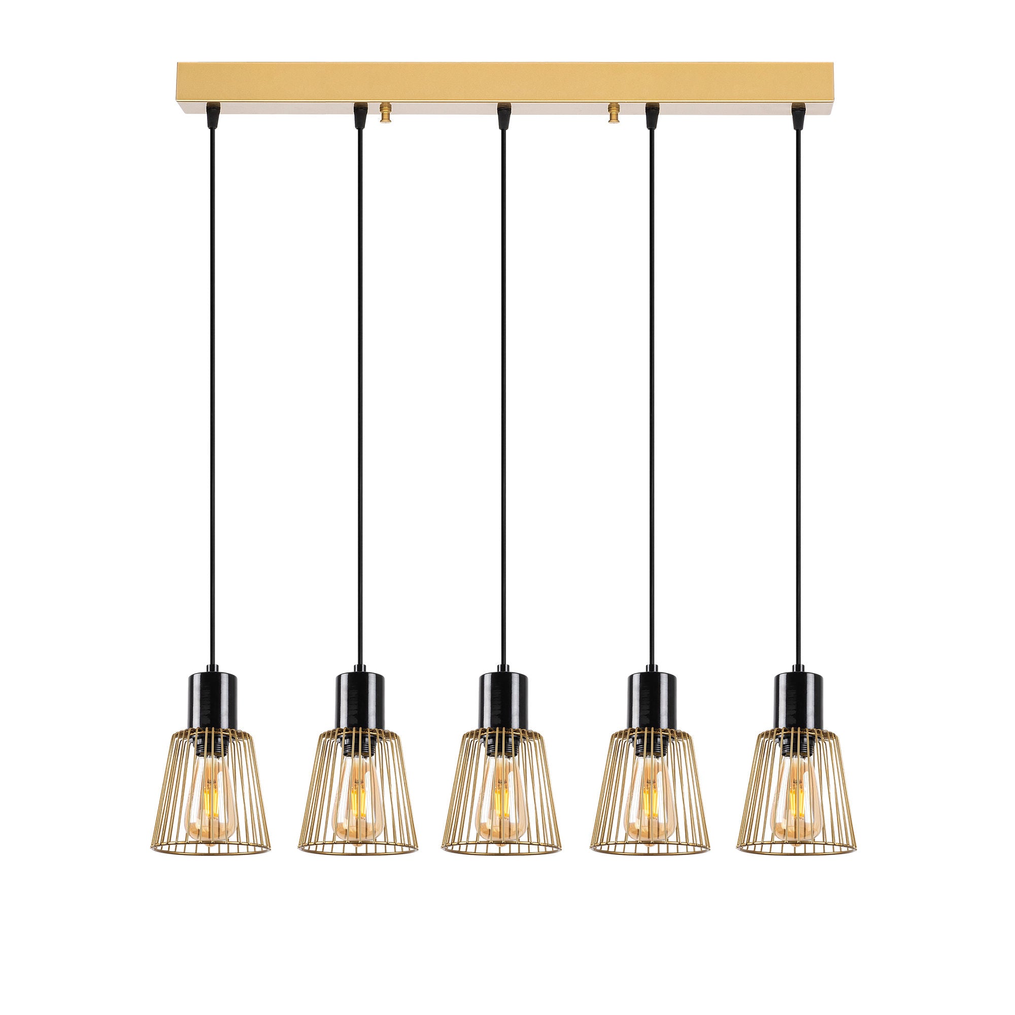 Candeeiro de Teto moderno dourado brilhante, 85 x 16 x 115 cm | Corpo de metal, altura ajustável, 5 soquetes E27 | Iluminação elegante para residências e escritórios