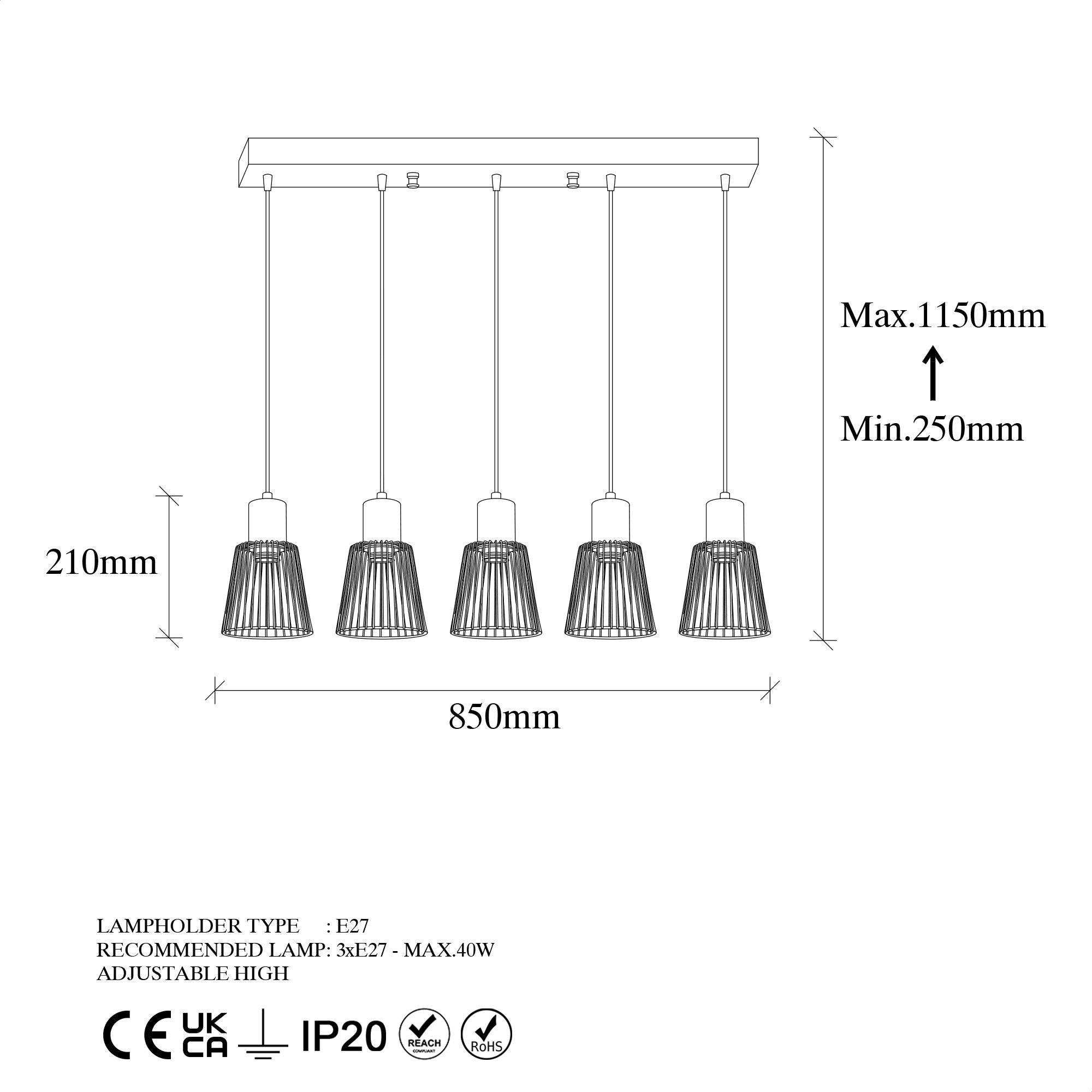Candeeiro de Teto moderno dourado brilhante, 85 x 16 x 115 cm | Corpo de metal, altura ajustável, 5 soquetes E27 | Iluminação elegante para residências e escritórios