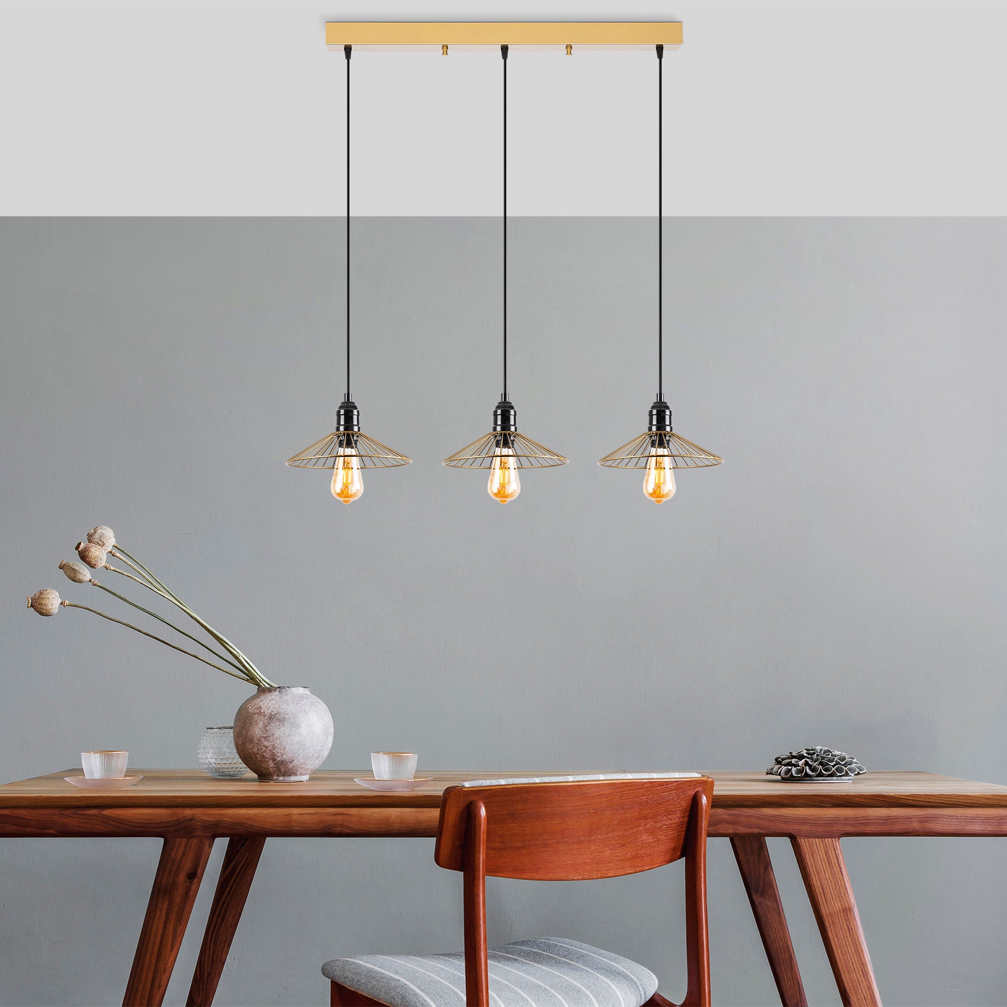 Candeeiro de Teto moderno dourado brilhante, 98 x 25 x 114 cm | Corpo de metal, altura ajustável, 3 soquetes E27 | Iluminação elegante para decoração de casa e escritório