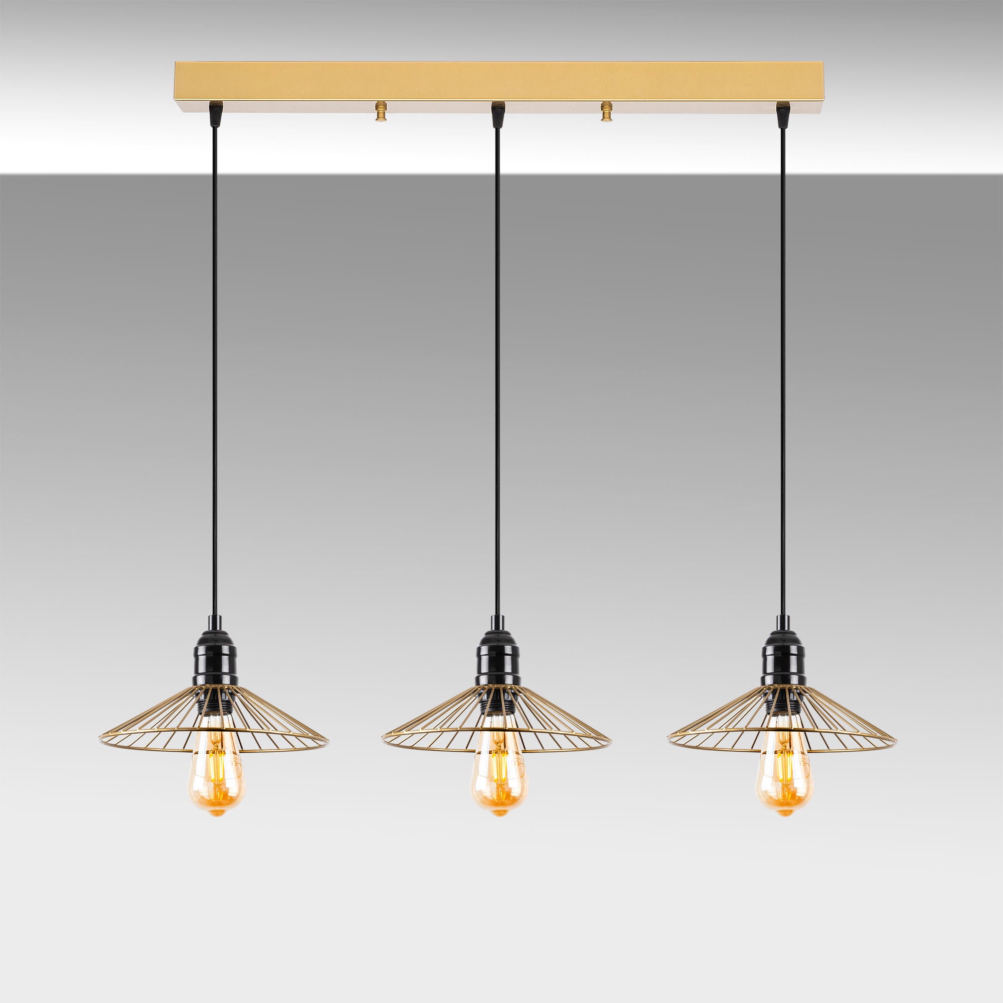 Candeeiro de Teto moderno dourado brilhante, 98 x 25 x 114 cm | Corpo de metal, altura ajustável, 3 soquetes E27 | Iluminação elegante para decoração de casa e escritório