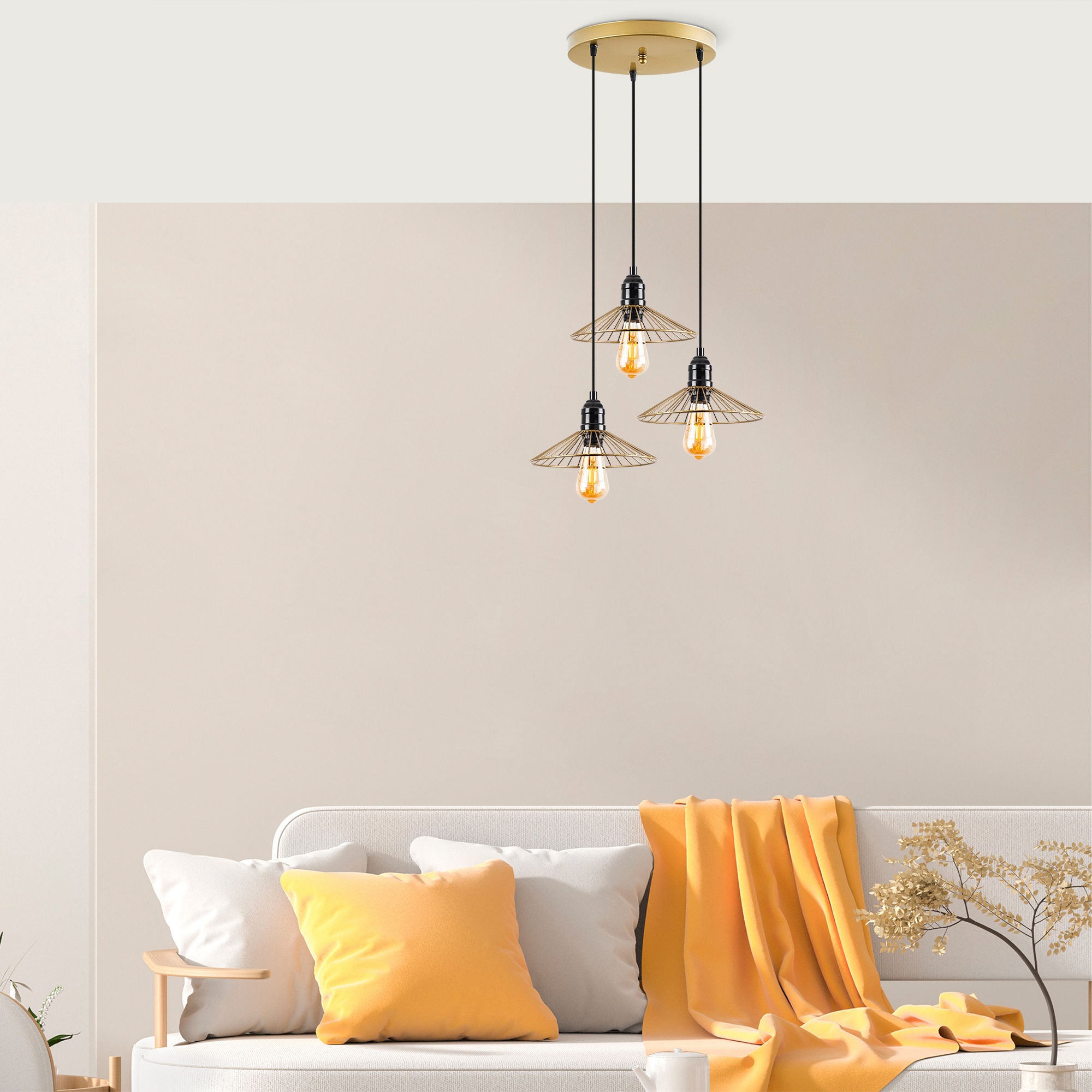 Candeeiro de Teto elegante em ouro brilhante, corpo de metal, 53 x 53 x 114 cm | Altura ajustável, 3 x E27 máx. 40 W | Perfeito para decoração e iluminação glamurosa