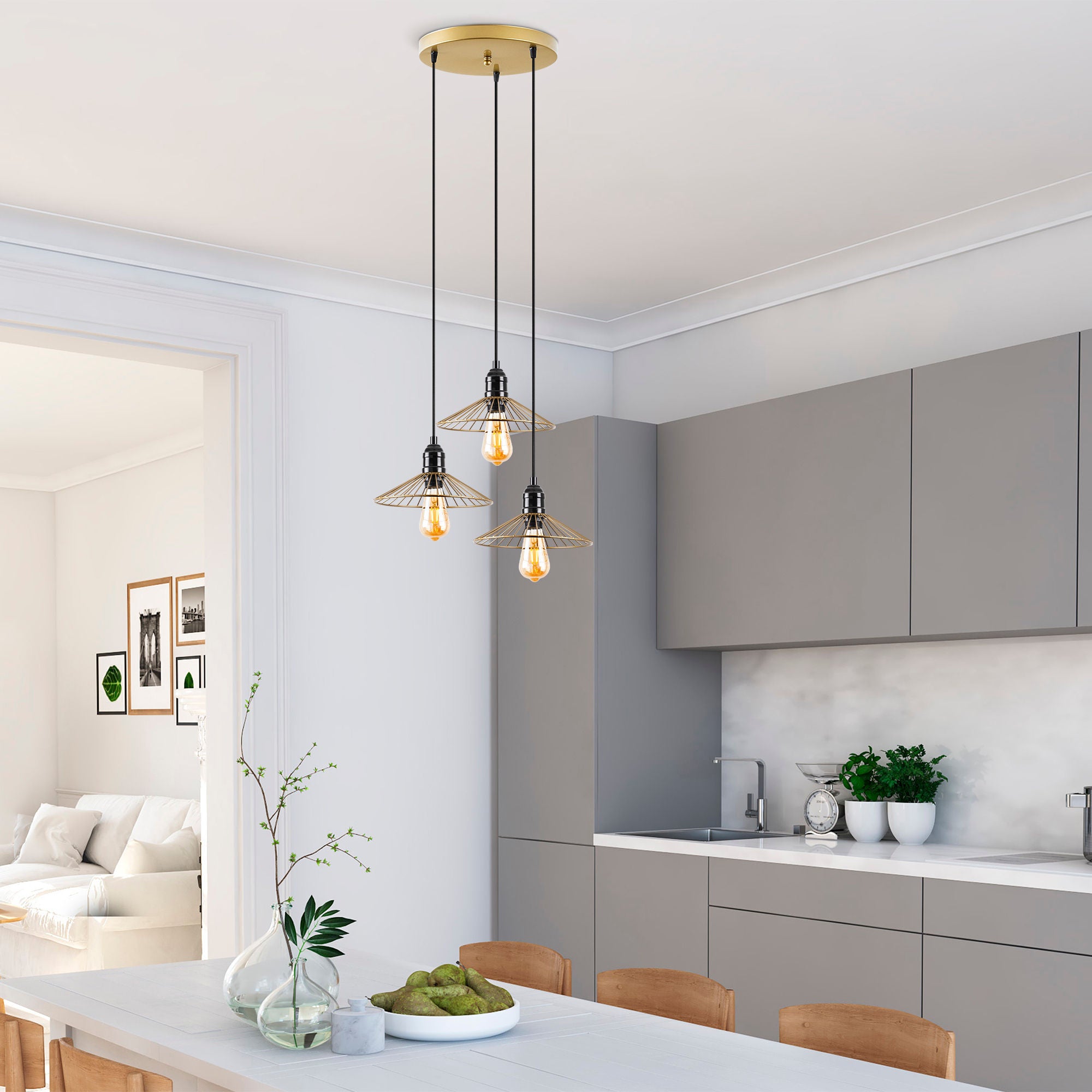 Candeeiro de Teto elegante em ouro brilhante, corpo de metal, 53 x 53 x 114 cm | Altura ajustável, 3 x E27 máx. 40 W | Perfeito para decoração e iluminação glamurosa