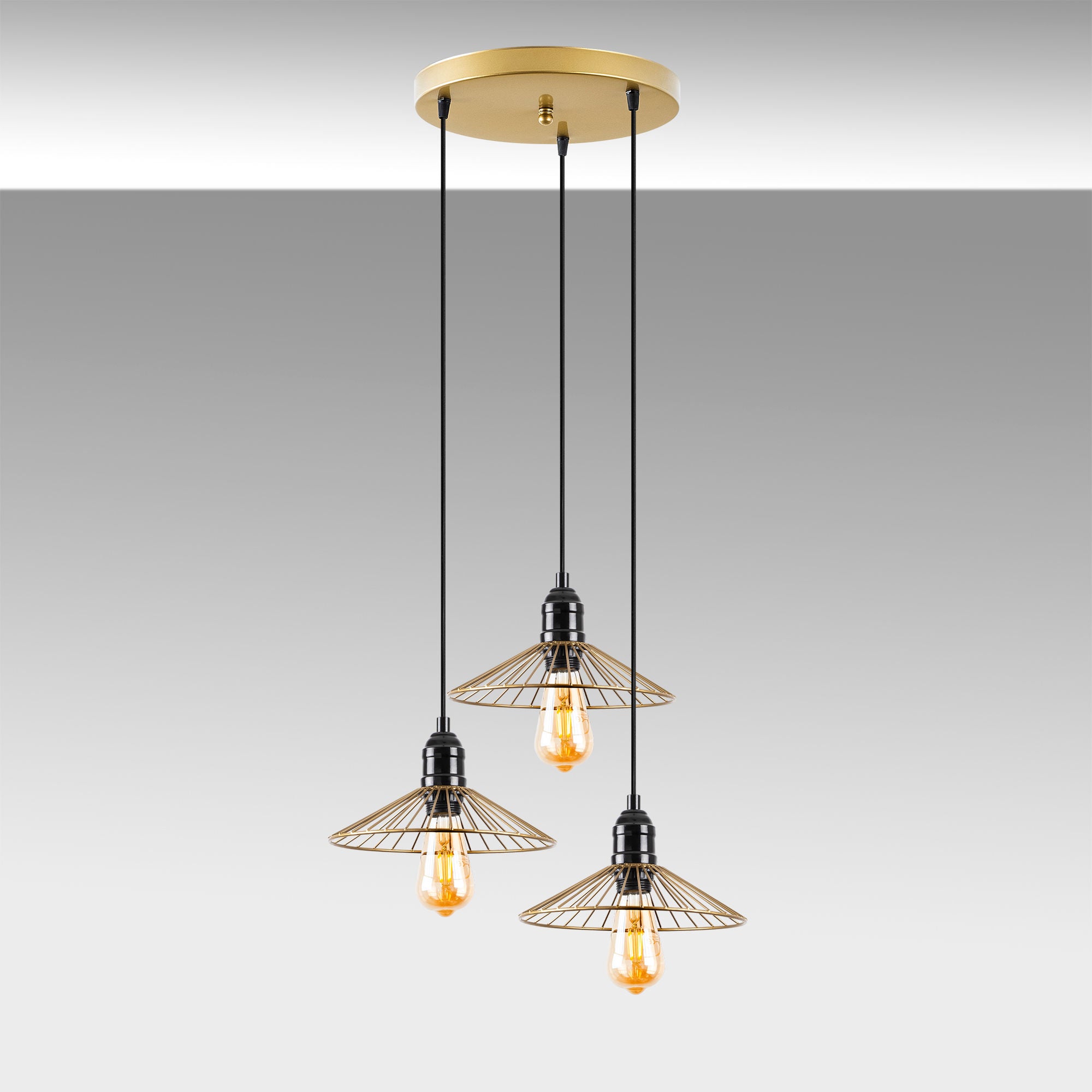 Candeeiro de Teto elegante em ouro brilhante, corpo de metal, 53 x 53 x 114 cm | Altura ajustável, 3 x E27 máx. 40 W | Perfeito para decoração e iluminação glamurosa