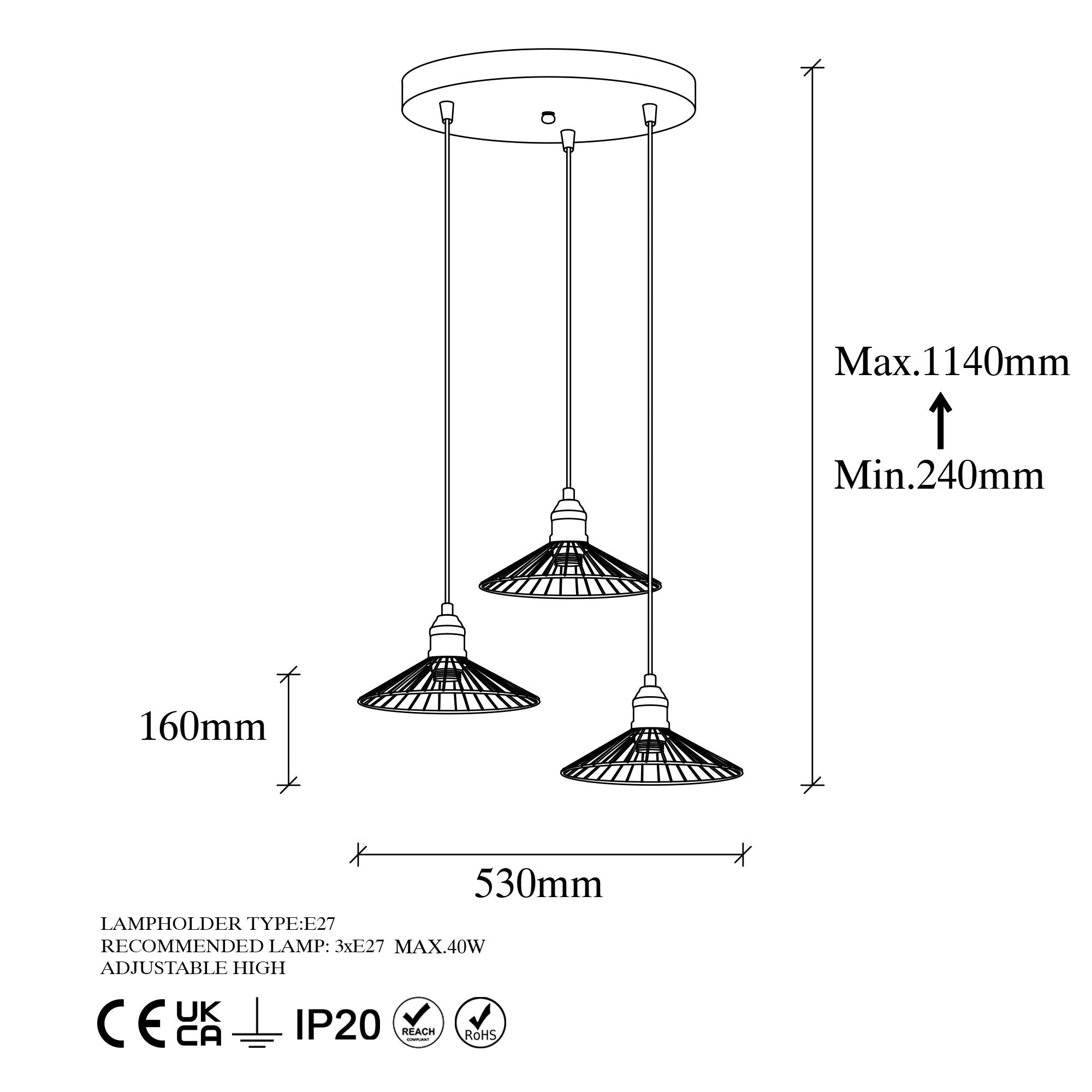 Candeeiro de Teto elegante em ouro brilhante, corpo de metal, 53 x 53 x 114 cm | Altura ajustável, 3 x E27 máx. 40 W | Perfeito para decoração e iluminação glamurosa