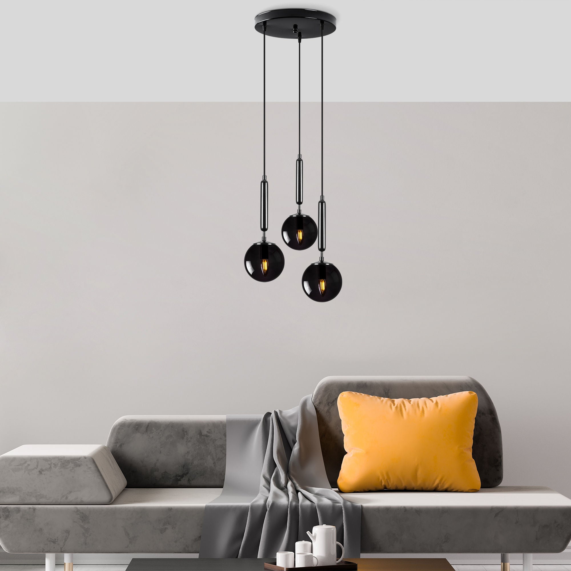 Candeeiro de Teto preto moderno, corpo de metal, altura ajustável, 34 x 34 x 134 cm | 3 soquetes E14, IP20 | Design industrial e escandinavo elegante para decoração de casa